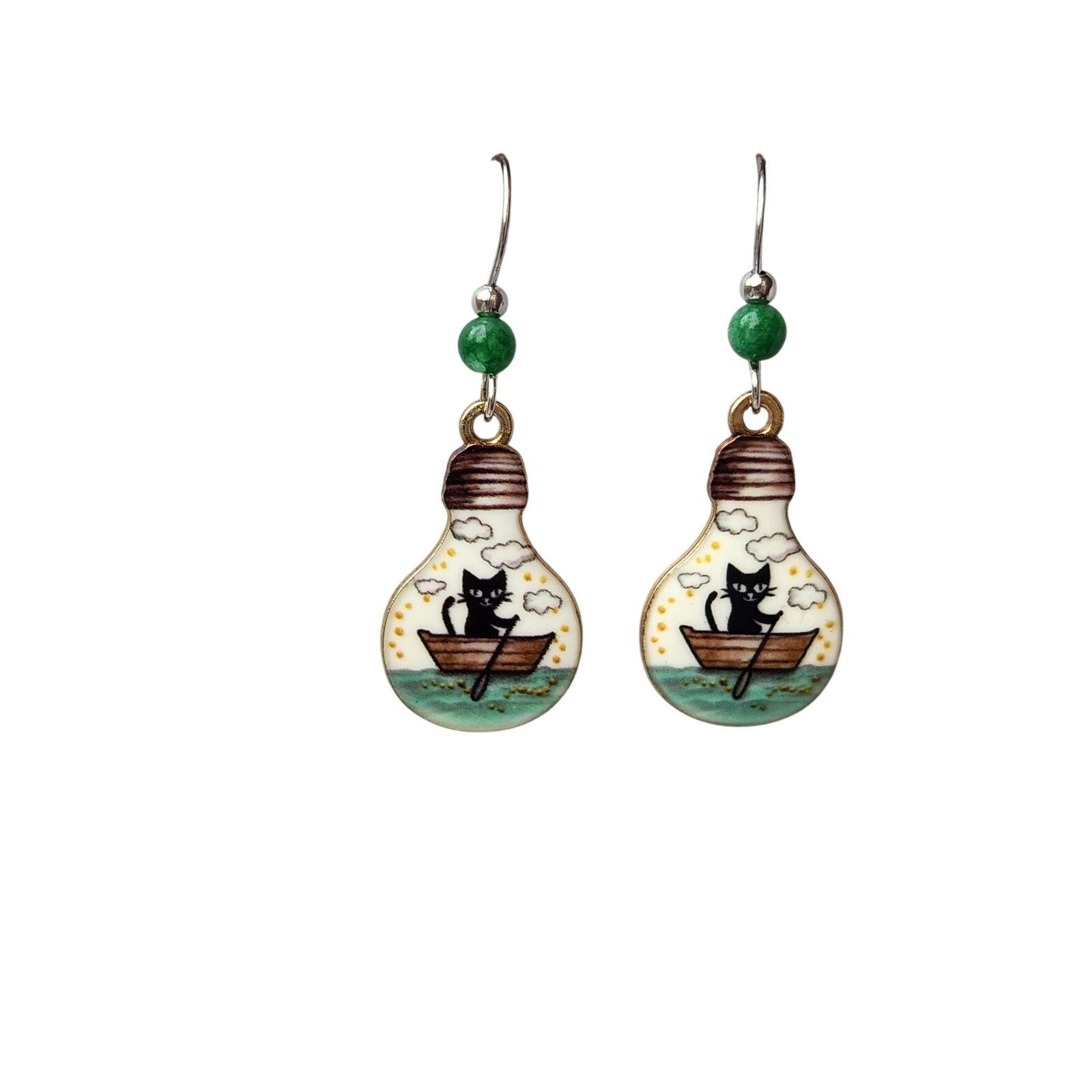 Other Cat in Boat Lightbulb Dangle Earrings Handmade Green Bead Size ONE SIZE - 4 Thumbnail