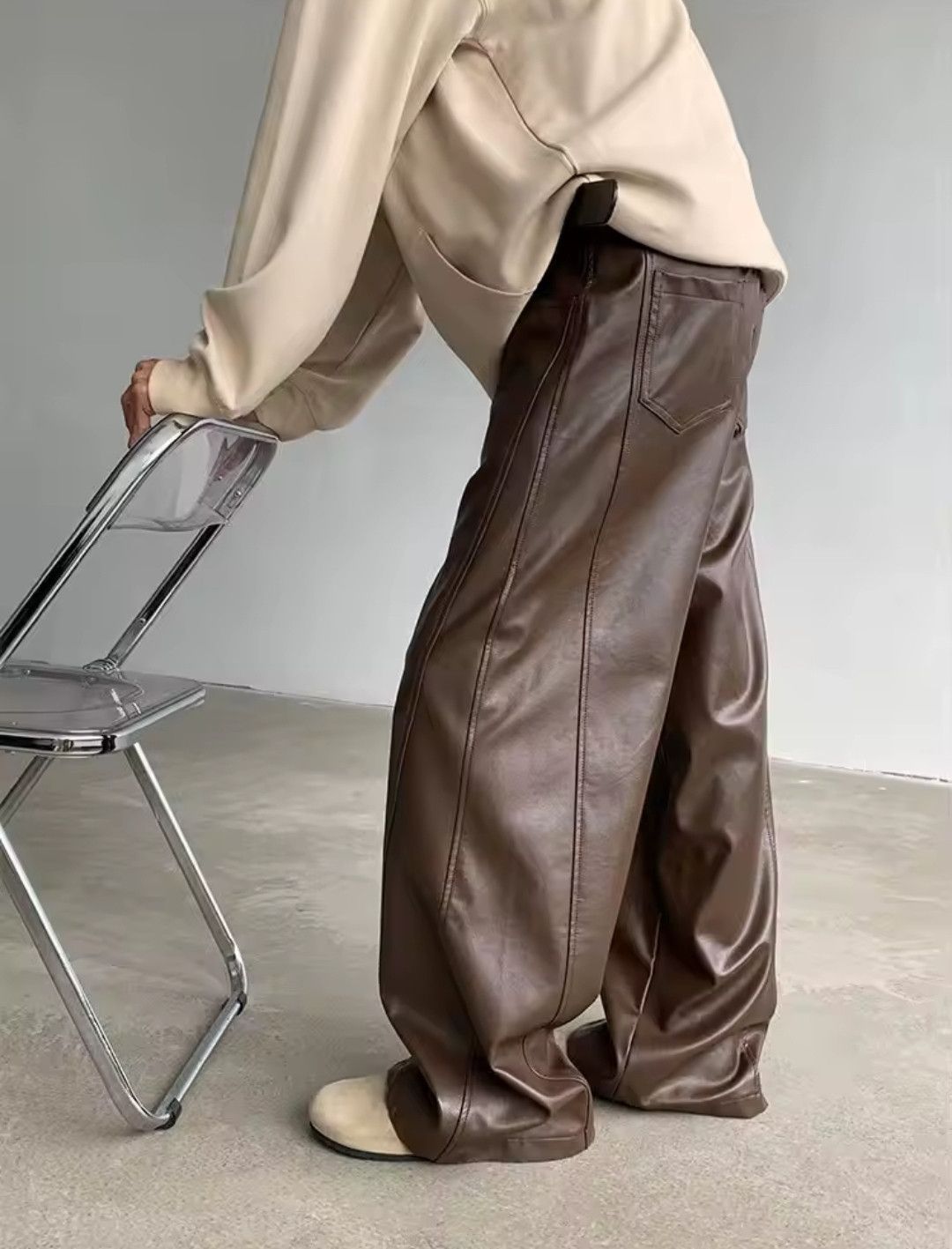 Japanese Brand Faux Leather Brown Wide Straight Leg Pants Size US 30 / EU 46 - 4 Thumbnail