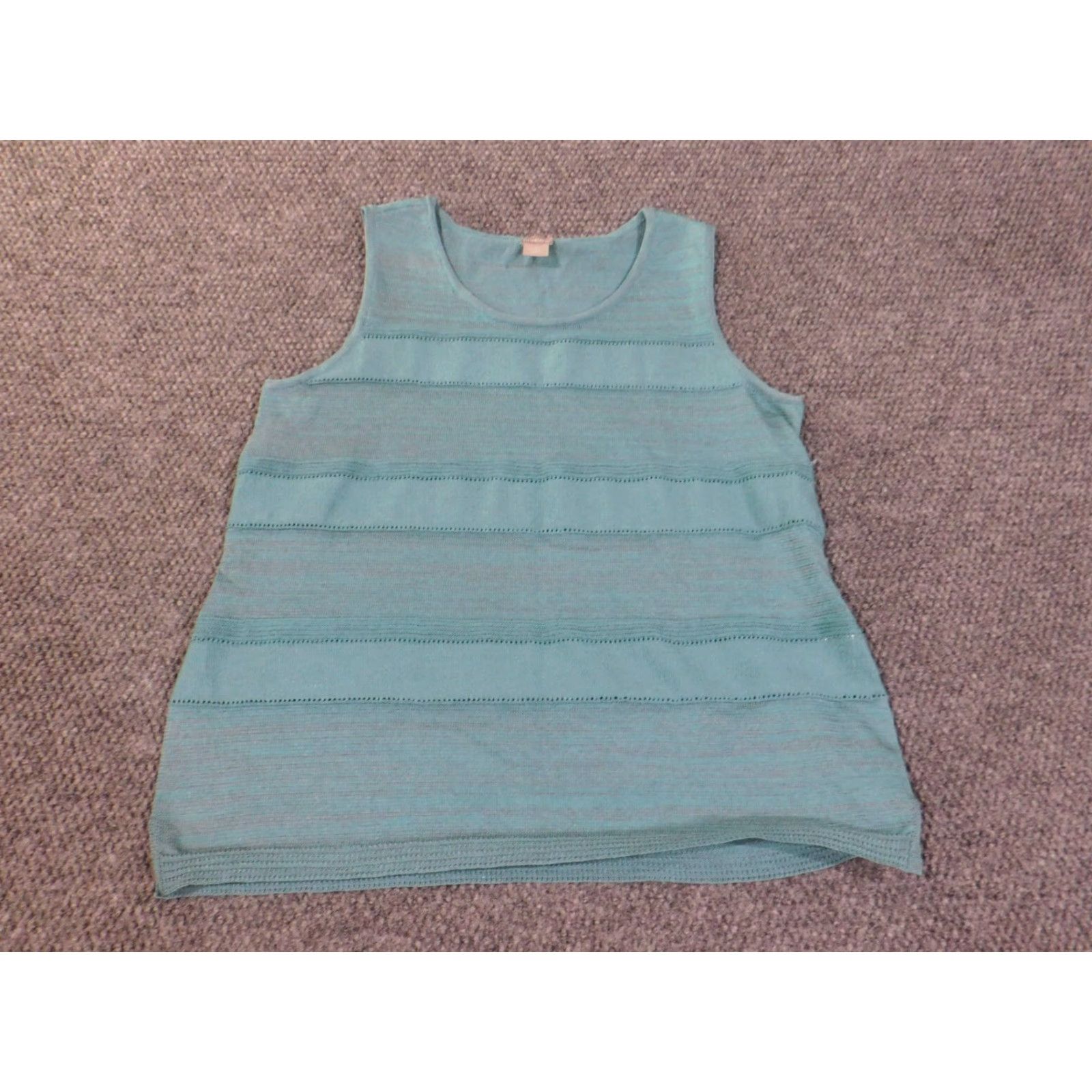 Vintage Chicos Blouse Shirt Women Size 2 Blue Sleeveless Striped Crew Neck Pullover Knit Polyester Cotton Casual Cream? Size XS / US 0-2 / IT 36-38 - 4 Thumbnail