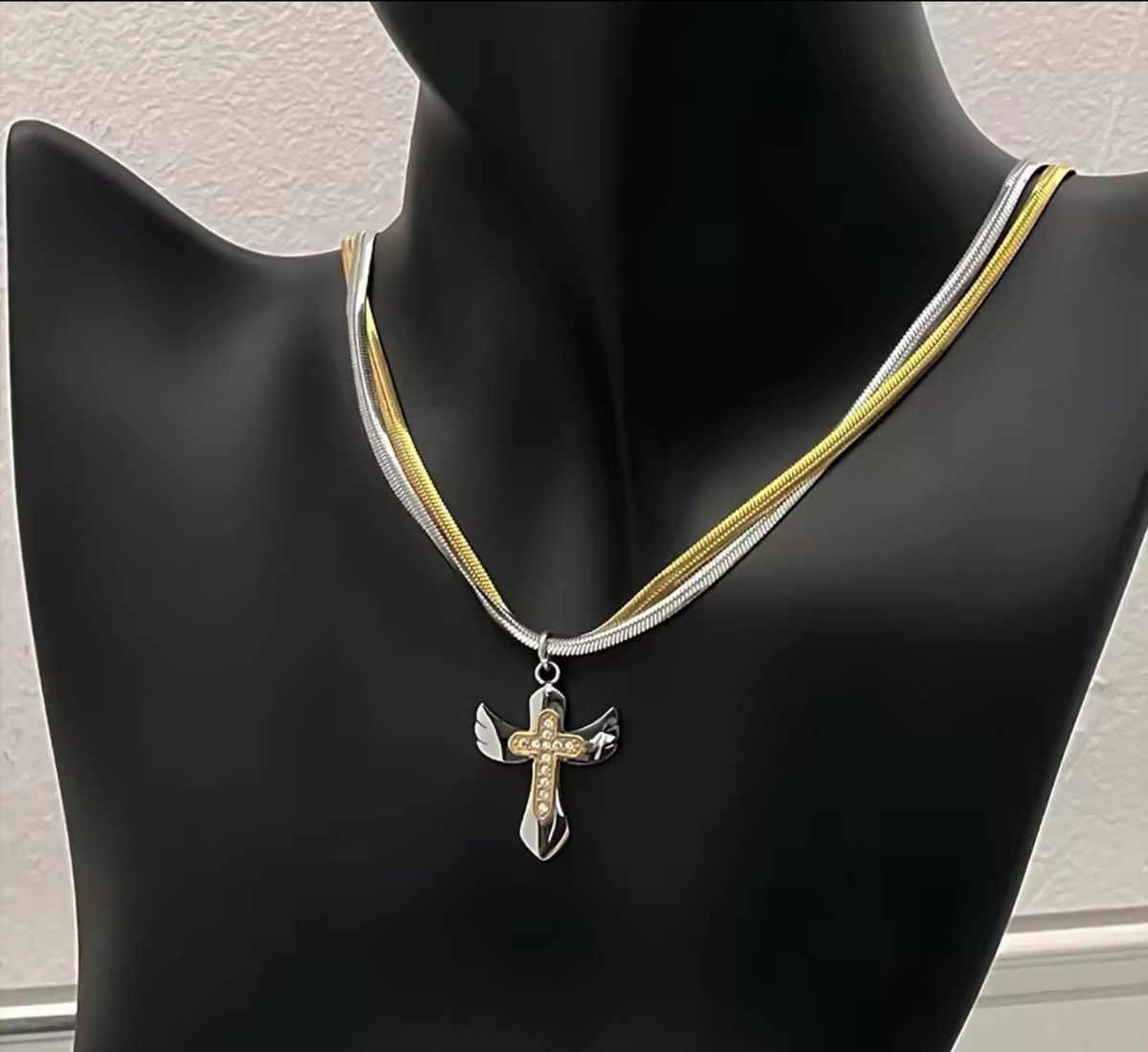 Jewelry Double Layered Wings Cross Pendant Necklaces Size ONE SIZE - 1 Thumbnail
