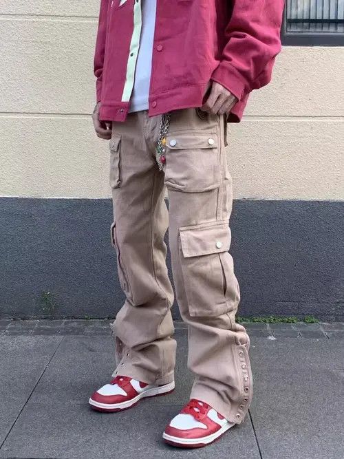 image of Jean Vintage Washed Rivet Multi-Pocket Cargo Trousers in Khaki, Men's (Size 32)