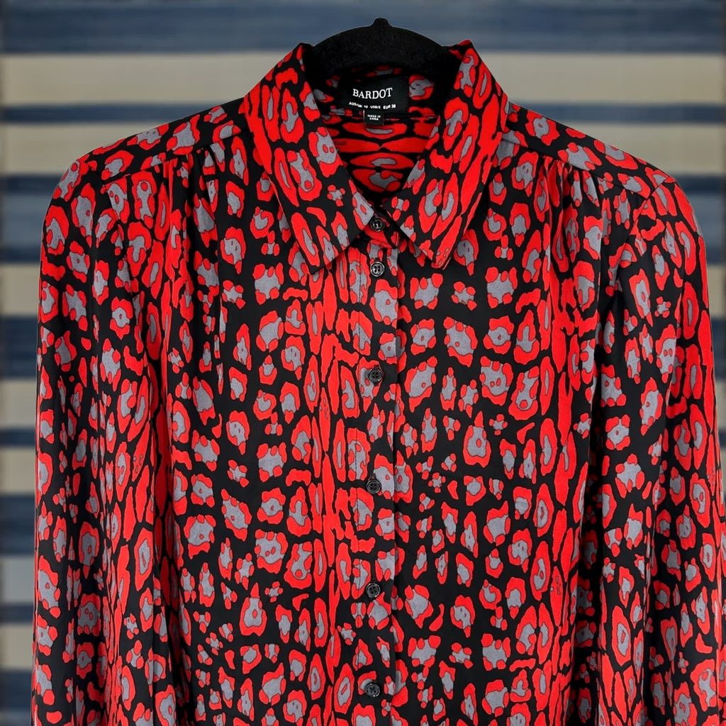 Vintage Bardot Red Leopard Button Down Long Sleeve Collared Top S 6 Size S / US 4 / IT 40 - 1 Thumbnail