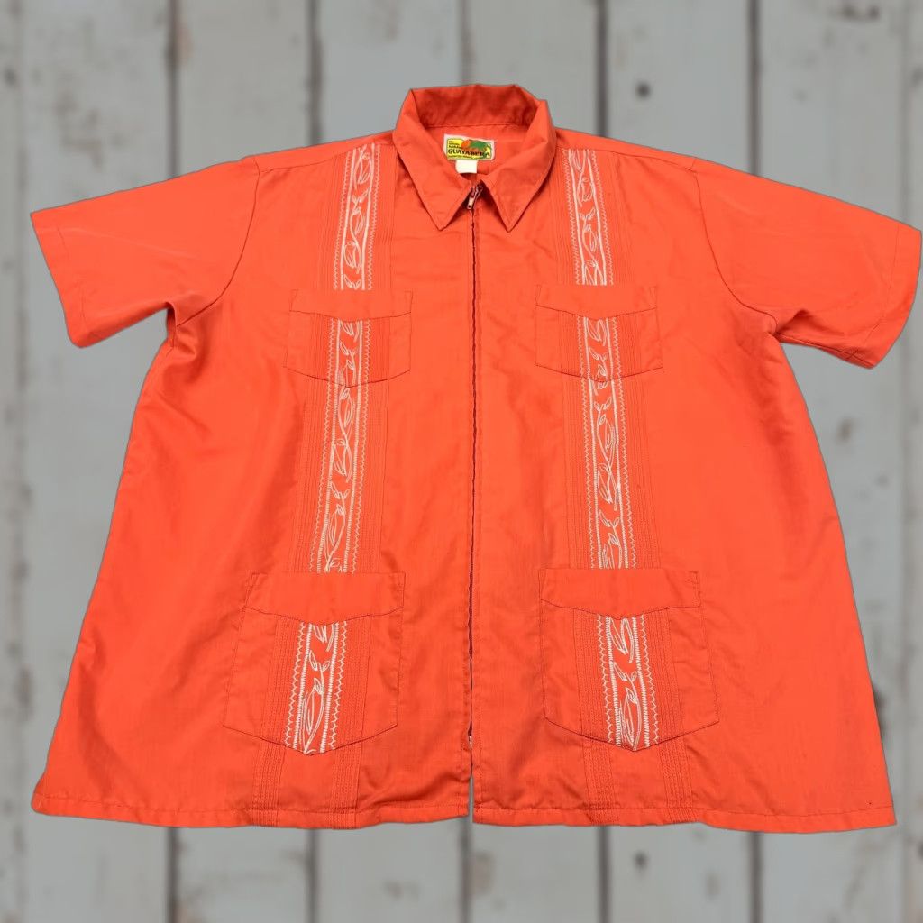 Haband Haband Guayabera Shirt Mens 3XL Orange Embroidered Zip Front Short Sleeve Cuban Size US XXL / EU 58 / 5 - 1 Thumbnail
