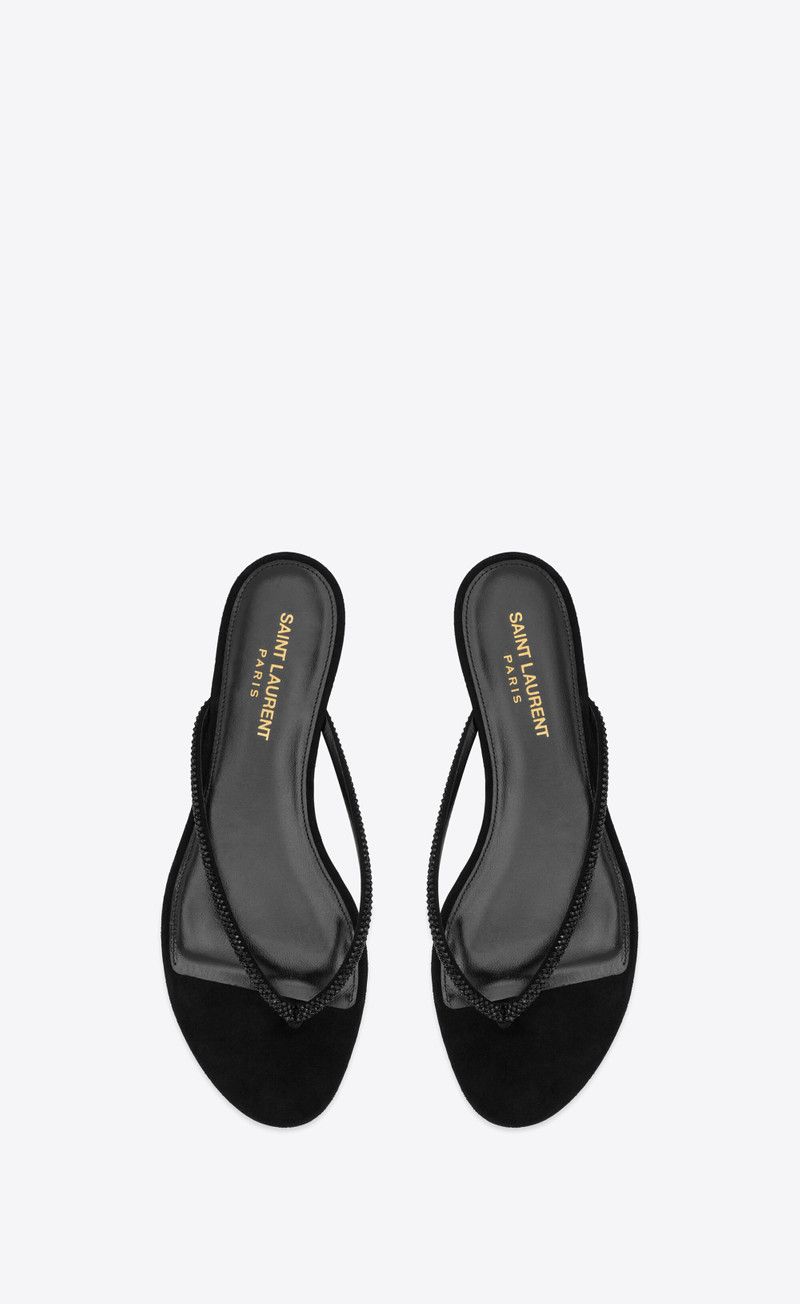 Saint Laurent Paris oc11z1125 Joni Flat Sandals in Suede and Rhinestones Black Size US 7 / IT 37 - 2 Thumbnail