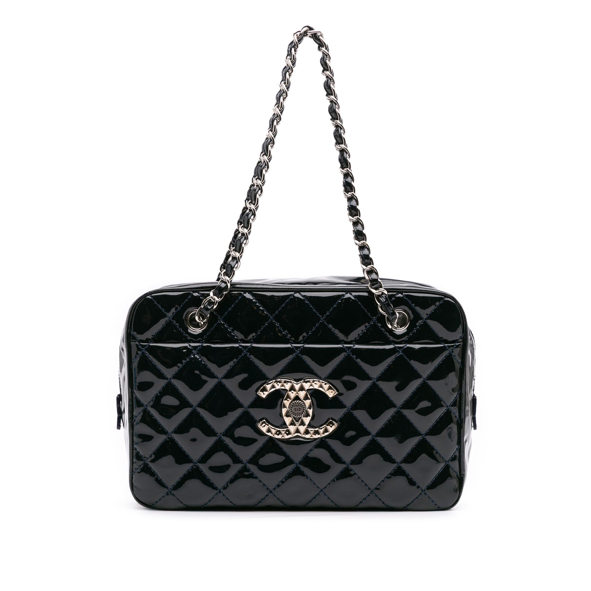 Chanel Large Cc Quilted Patent Brilliant Camera Bag in Blue, Women's