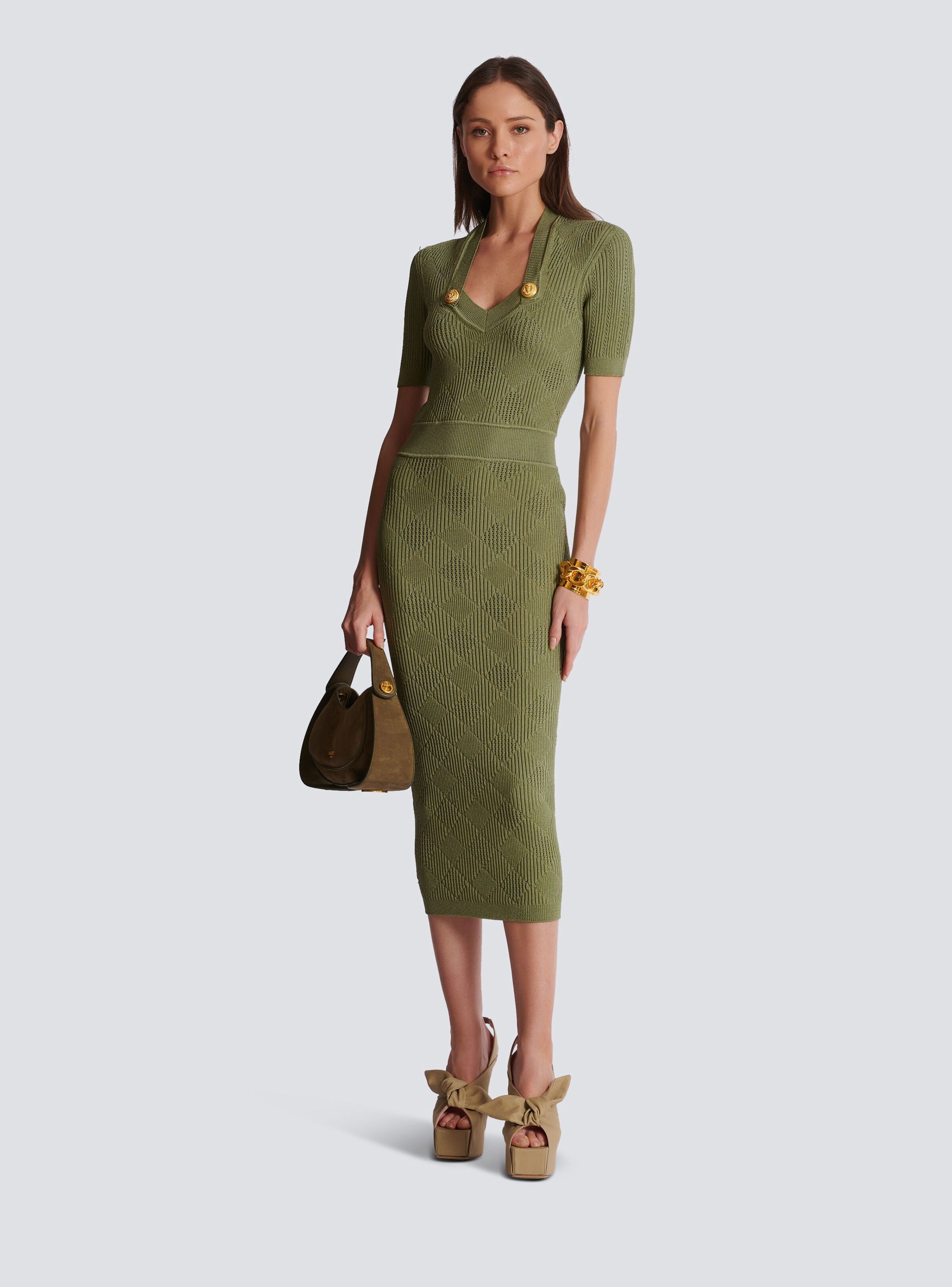 Balmain o1s1wg111025 Gingham Midi Dress in Green Size S / US 4 / IT 40 - 2 Thumbnail