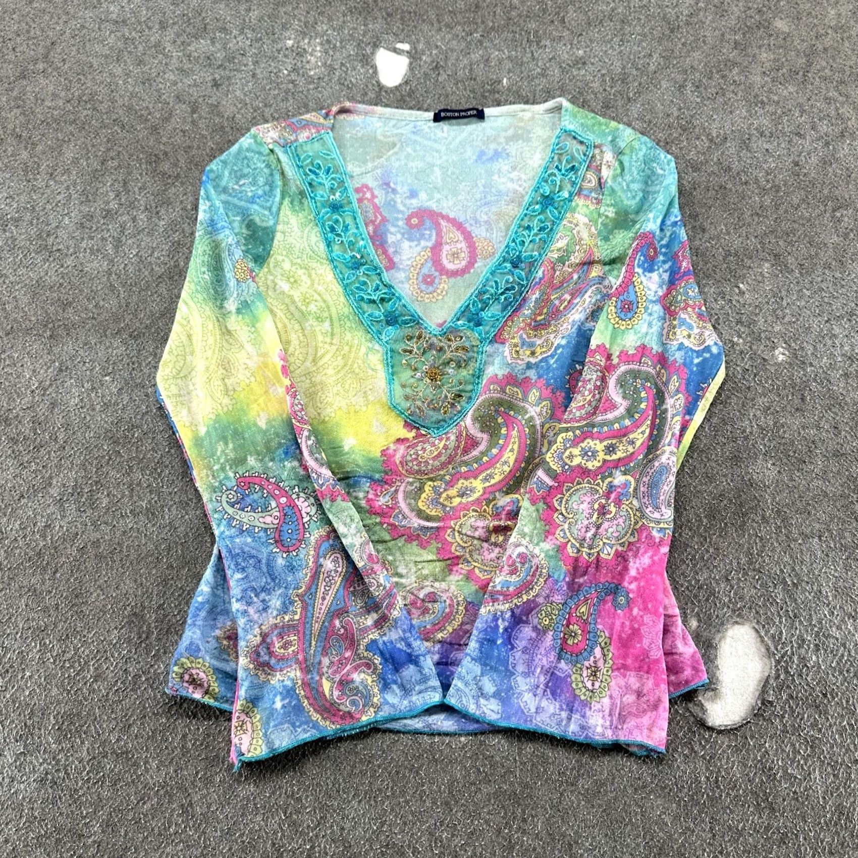 Boston Proper VINTAGE Boston Poper Top Women M Rainbow Paisley Leaf Flare Sleeve Boho USA Y2K Shirt XS? Size M / US 6-8 / IT 42-44 - 2 Thumbnail
