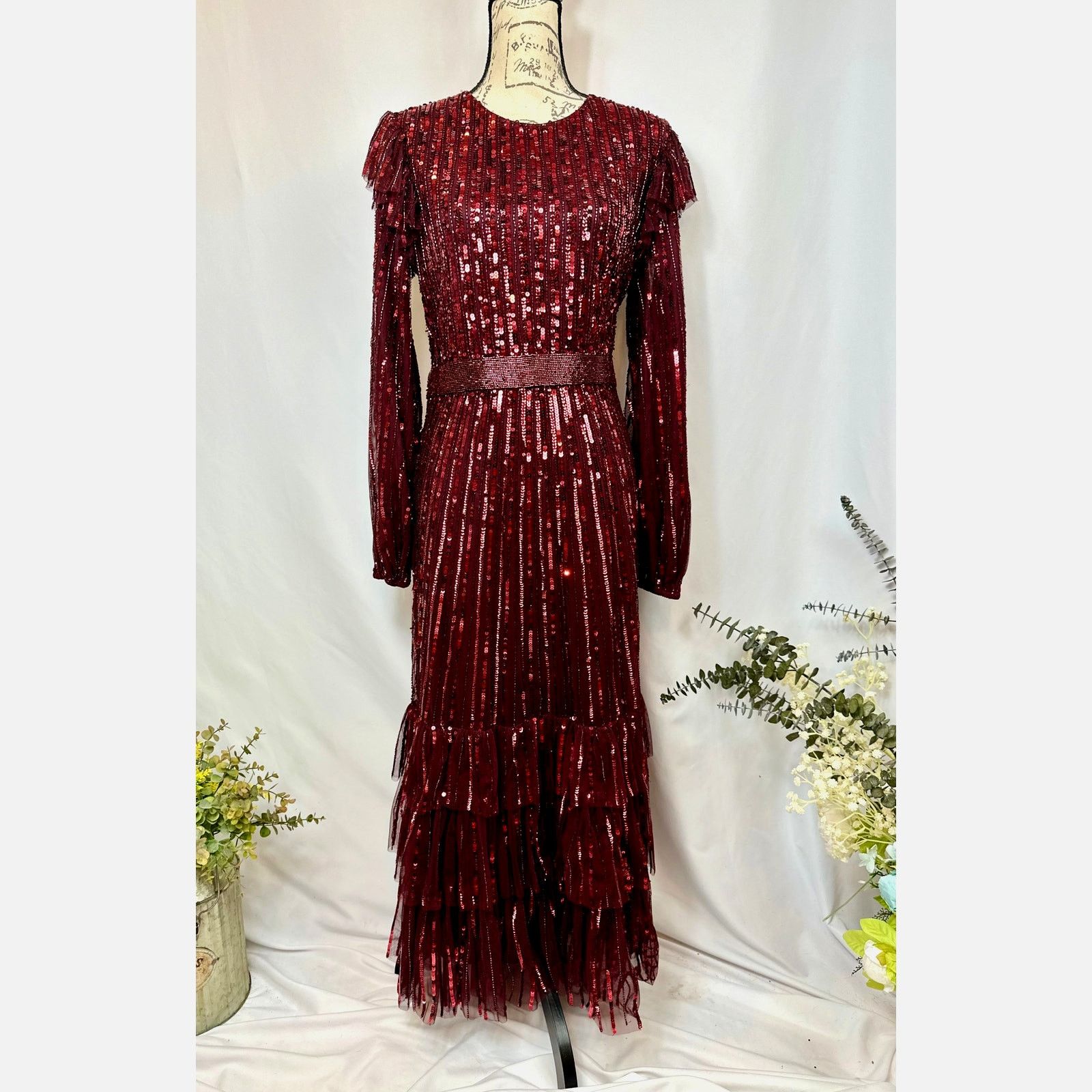 Other Mac Duggal Long Sleeve Ruffle Detail Sequin Dress Red 12 Size XL / US 12-14 / IT 48-50 - 7 Thumbnail