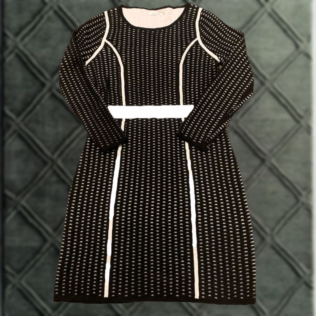 Calvin Klein Calvin Klein Sheath Dress L Black White Long Sleeve Knit Office Workwear Geometric Pattern Stretch Size L / US 10 / IT 46 - 1 Thumbnail