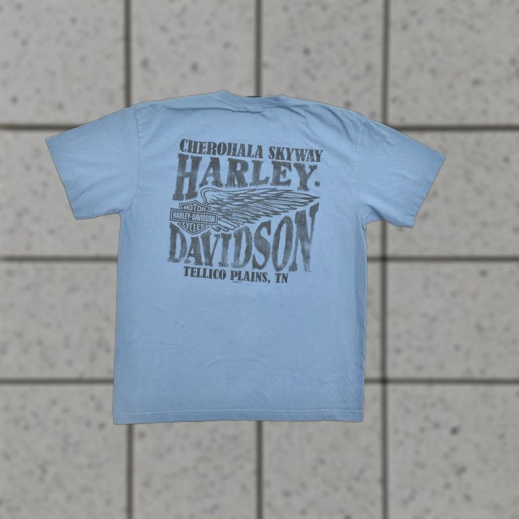 Harley Davidson Harley-Davidson T-Shirt Men XL Blue Cherohala Skyway Tellico Plains TN Double-Sided Print Crew Neck Short Sleeve Cotton Spring Summer 2010-2019 Size US XL / EU 56 / 4 - 1 Thumbnail