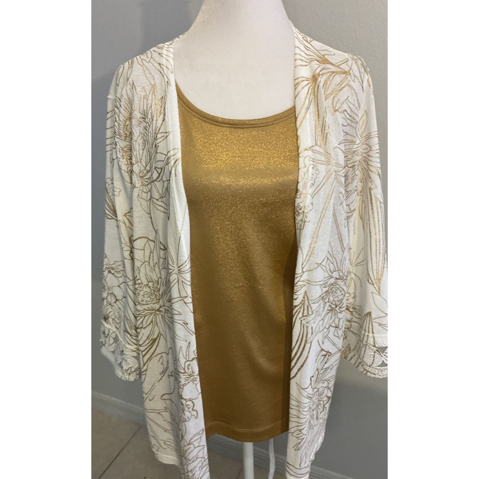 Chicos Chico's 2pc Set White Floral Cardigan Kimono Gold Metallic L Size XL / US 12-14 / IT 48-50 - 19 Thumbnail