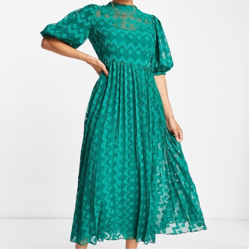 Asos ASOS high neck pleated chevron midi dress with puff sleeve Size M / US 6-8 / IT 42-44 - 1 Preview