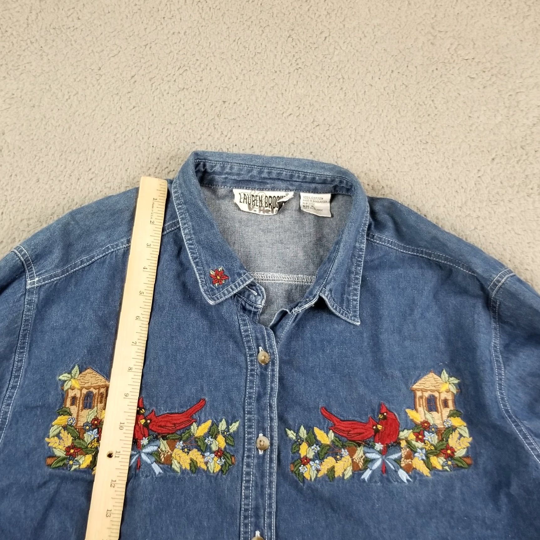 Vintage VINTAGE Lauren Brooke Denim Top Shirt Women XL Blue Embroidered Birds 90s Style Button-Up Blouse Ladies XL Size XL / US 12-14 / IT 48-50 - 5 Thumbnail