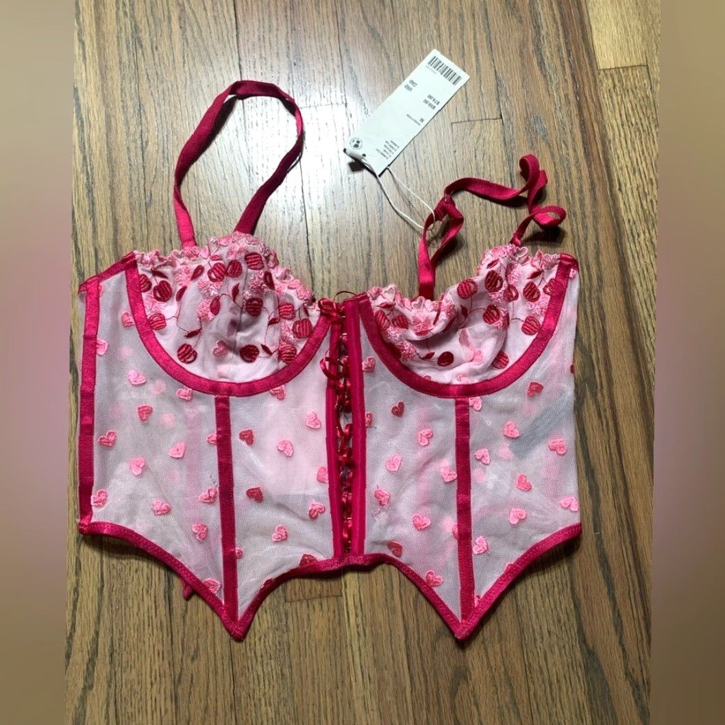 Urban Outfitters NWT Urban Outfitters Corset Top M Rose Cherry Heart Multicolor Medium Regular Girls? Mens? Wait. Size M / US 6-8 / IT 42-44 - 2 Thumbnail