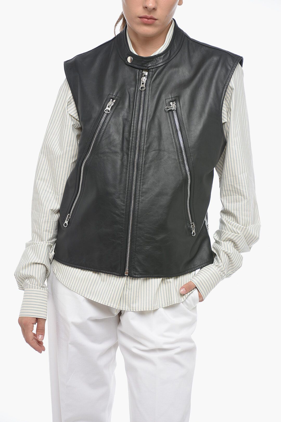Maison Margiela og1mm1224 Leather Biker Waistcoat in Black Size S / US 4 / IT 40 - 1 Thumbnail