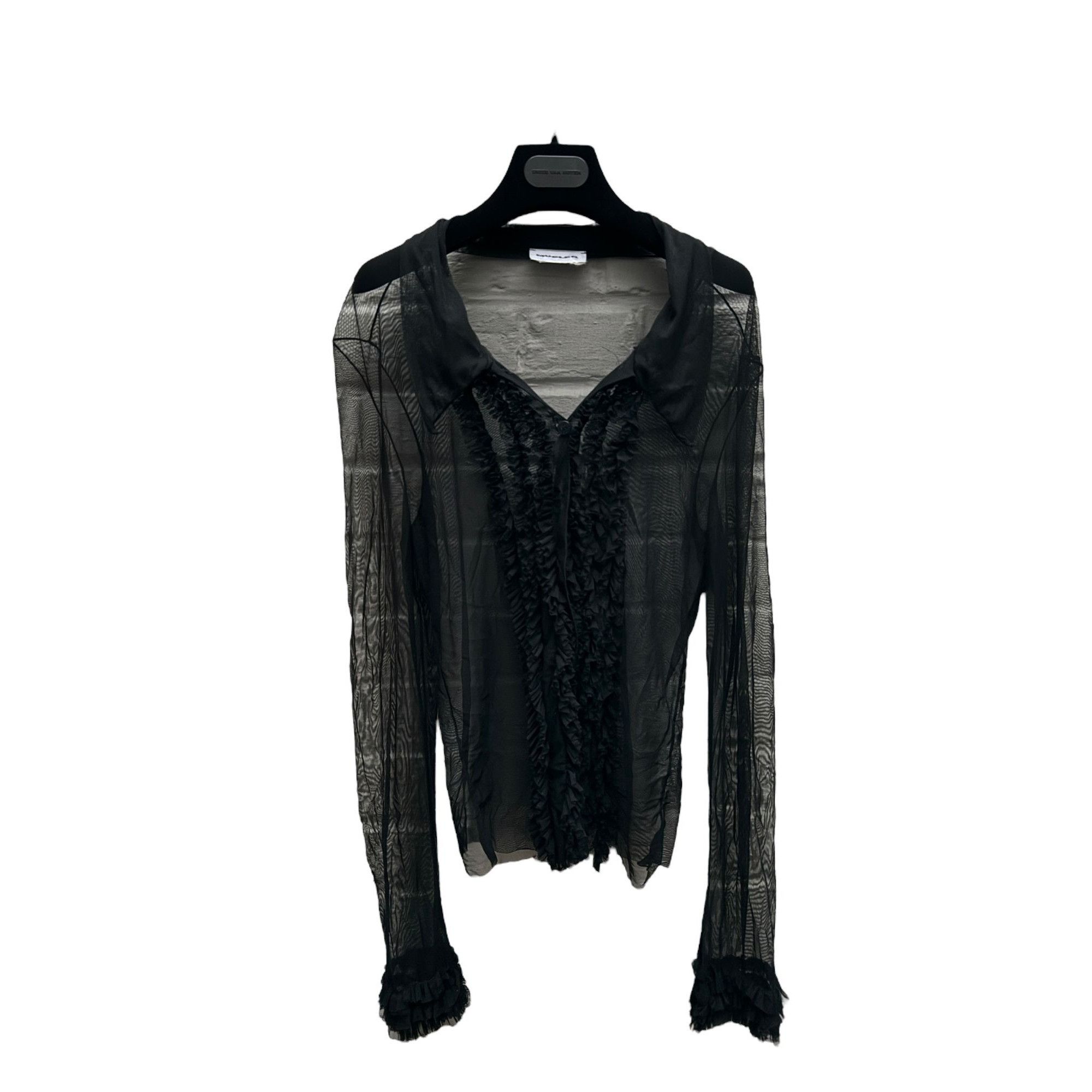 Mugler Black Ruffled Mesh Nylon Shirt Size S / US 4 / IT 40 - 1 Thumbnail