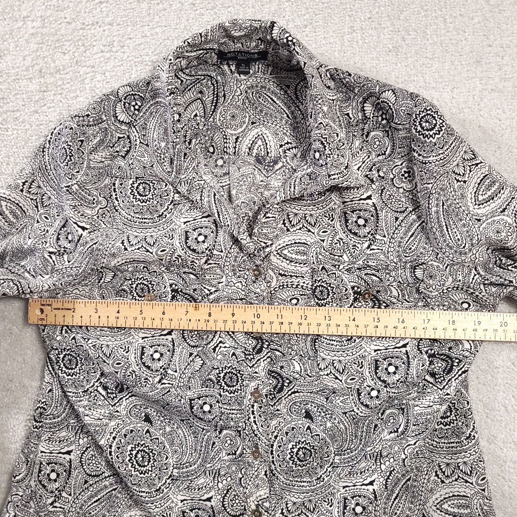 Vintage Notations Button Up Shirt Women's PL Petite Black White Floral Career Roll Tab Blouse Pockets Size L / US 10 / IT 46 - 4 Thumbnail