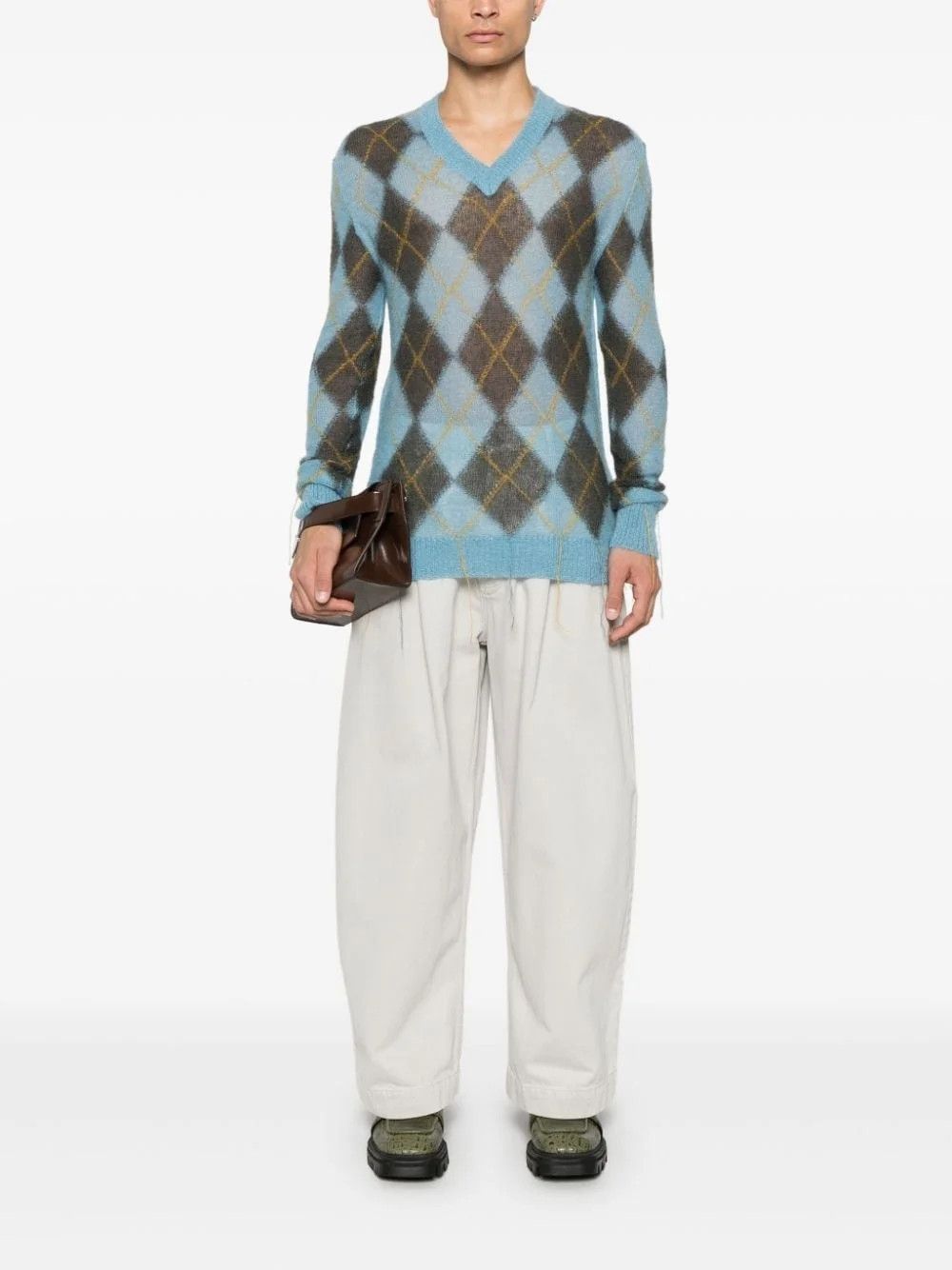 Marni o1w1db11125 Argyle-Intarsia Sweater in Light Blue Size US L / EU 52-54 / 3 - 5 Thumbnail
