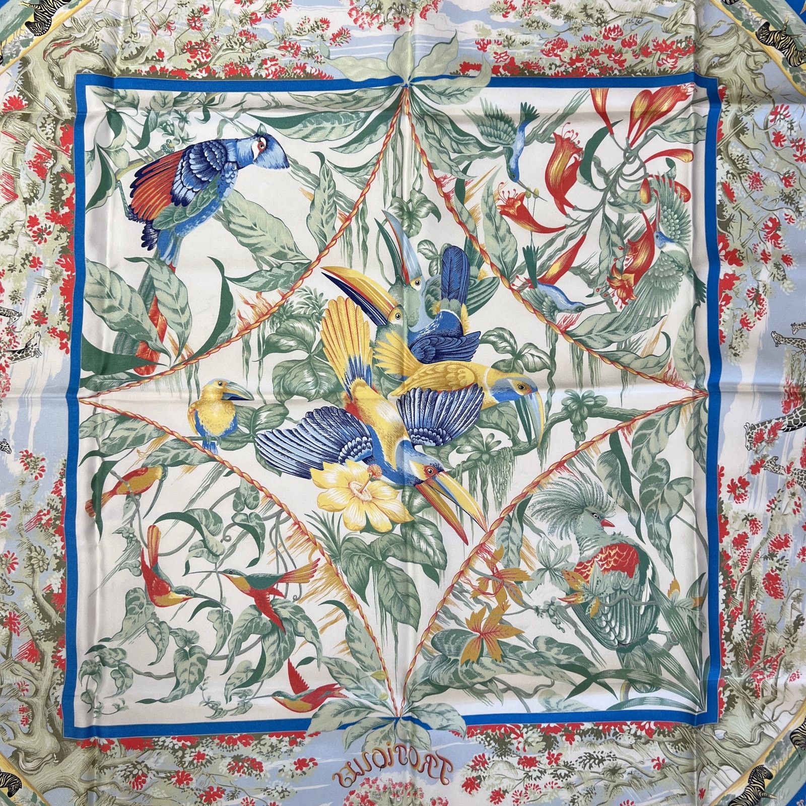 Hermes Hermes Tropiques 90 Silk Scarf Blue Tropical Bird Size ONE SIZE - 9 Thumbnail