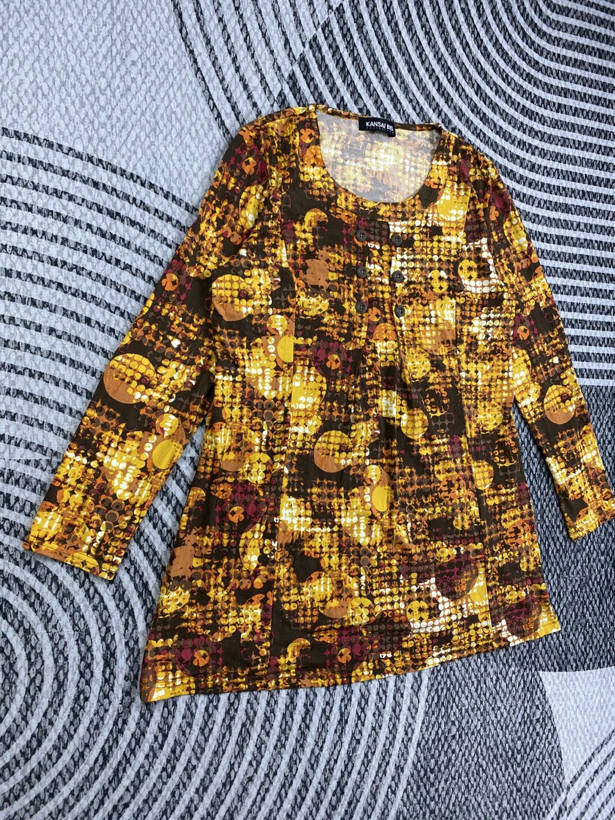 Kansai Yamamoto Vintage 70s Abstract Mustard Blouse Retro Geometric Print Size M / US 6-8 / IT 42-44 - 3 Thumbnail