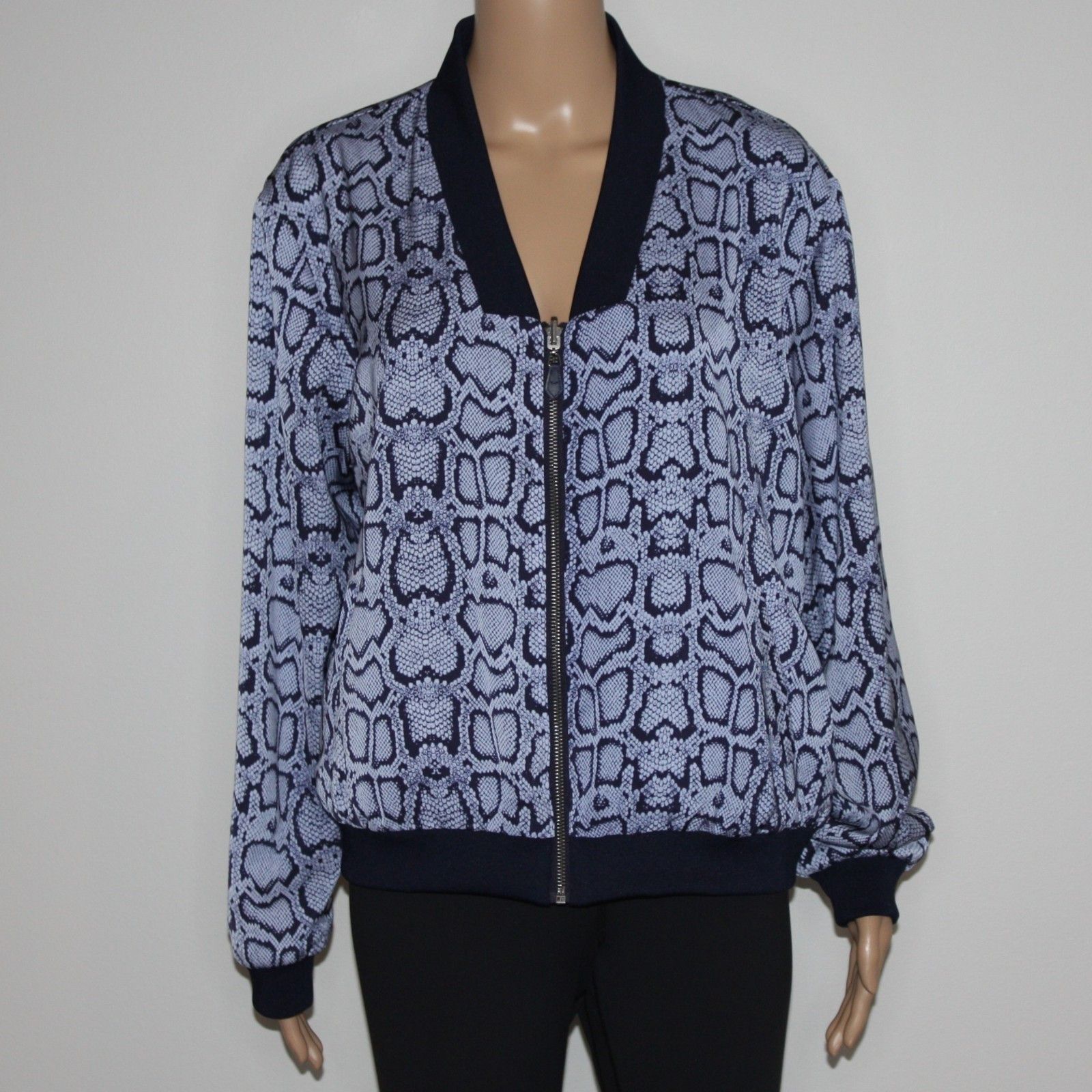 Other Stella & Dot Navy Blue & Python Reversible Bomber Jacket Size L / US 10 / IT 46 - 1 Thumbnail