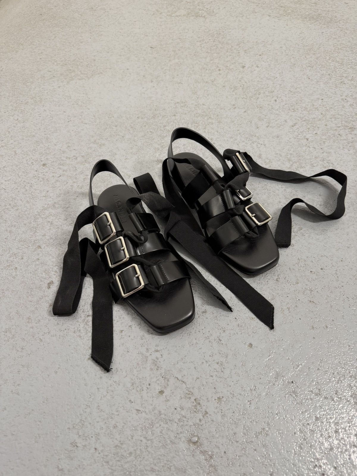 Jil Sander Jil Sander Black Leather Buckle Sandals With Ribbon Size US 8 / IT 38 - 1 Thumbnail