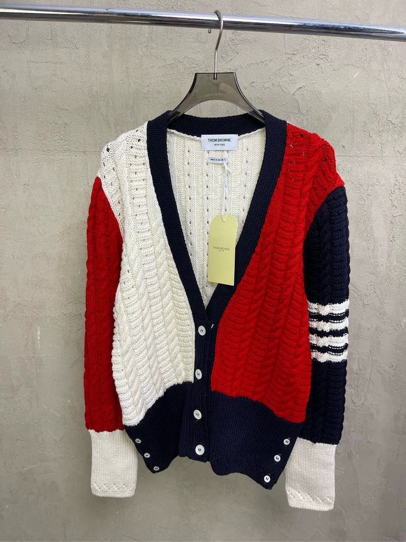 Thom browne Red and white color block four-striped wool kni