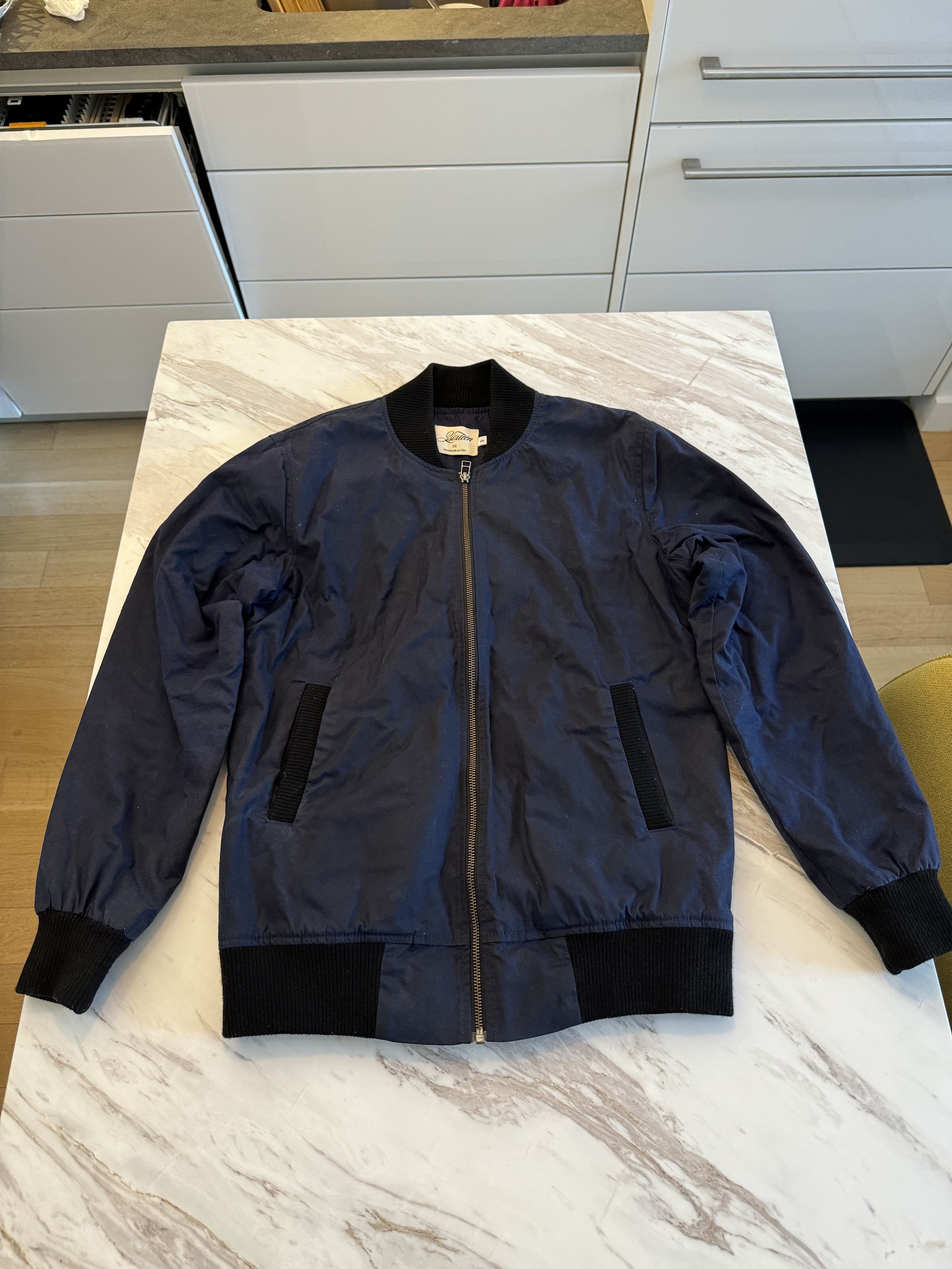 image of 3Sixteen Waxed Canvas Stadium Jacket in Nav, Men's (Size Small)