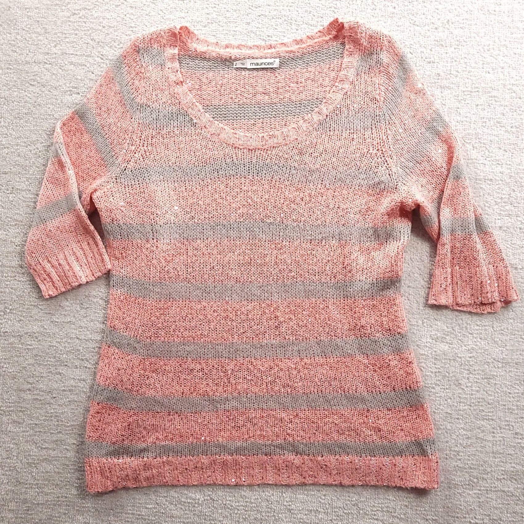 Vintage Maurices Sweater Womens 2 Sequined Pink Gray Striped Sleeve Scoop Neck Size XS / US 0-2 / IT 36-38 - 2 Thumbnail