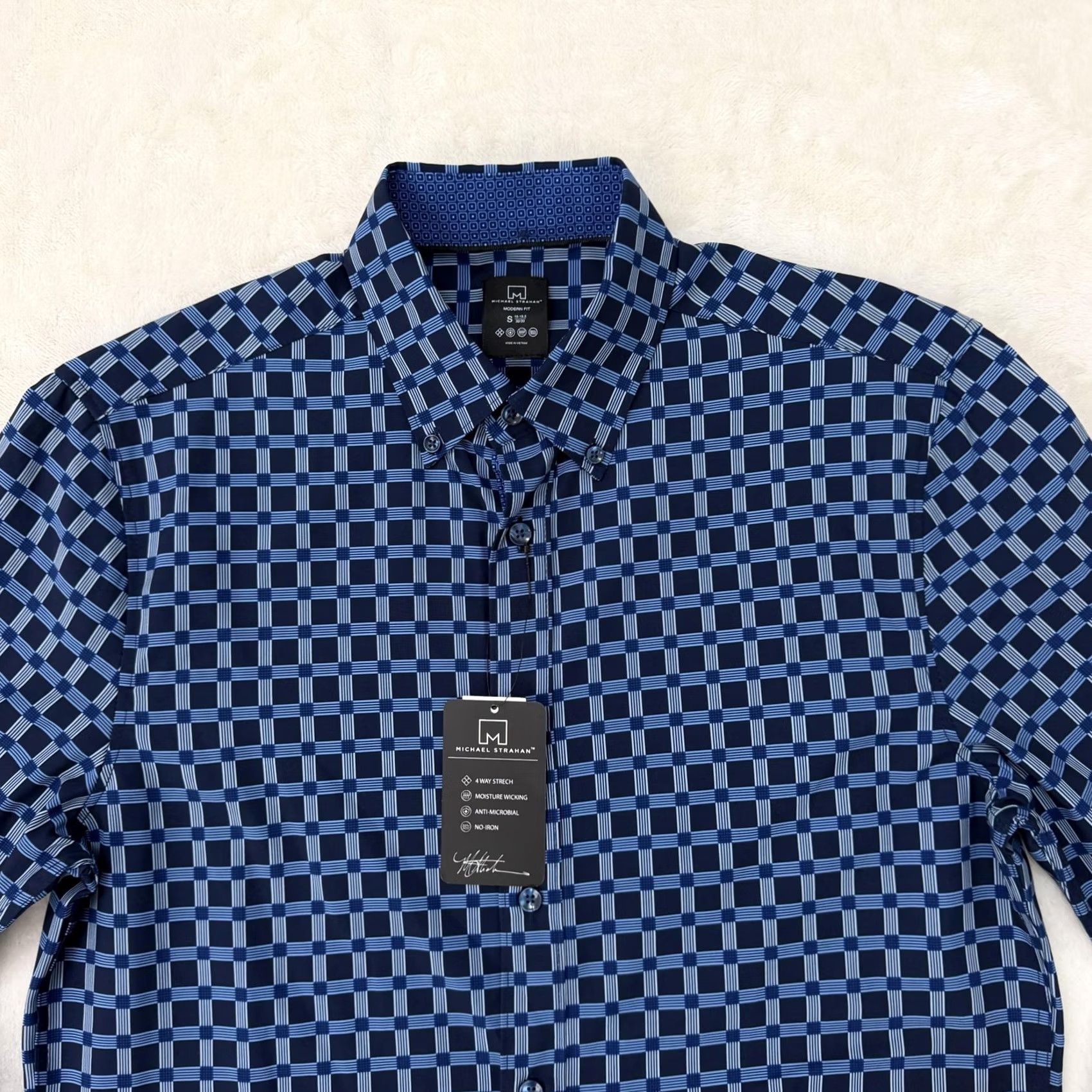 Vintage Michael Strahan Shirt Mens Small Blue Check Stretch Button Up Non Iron Shirt Size US S / EU 44-46 / 1 - 2 Thumbnail