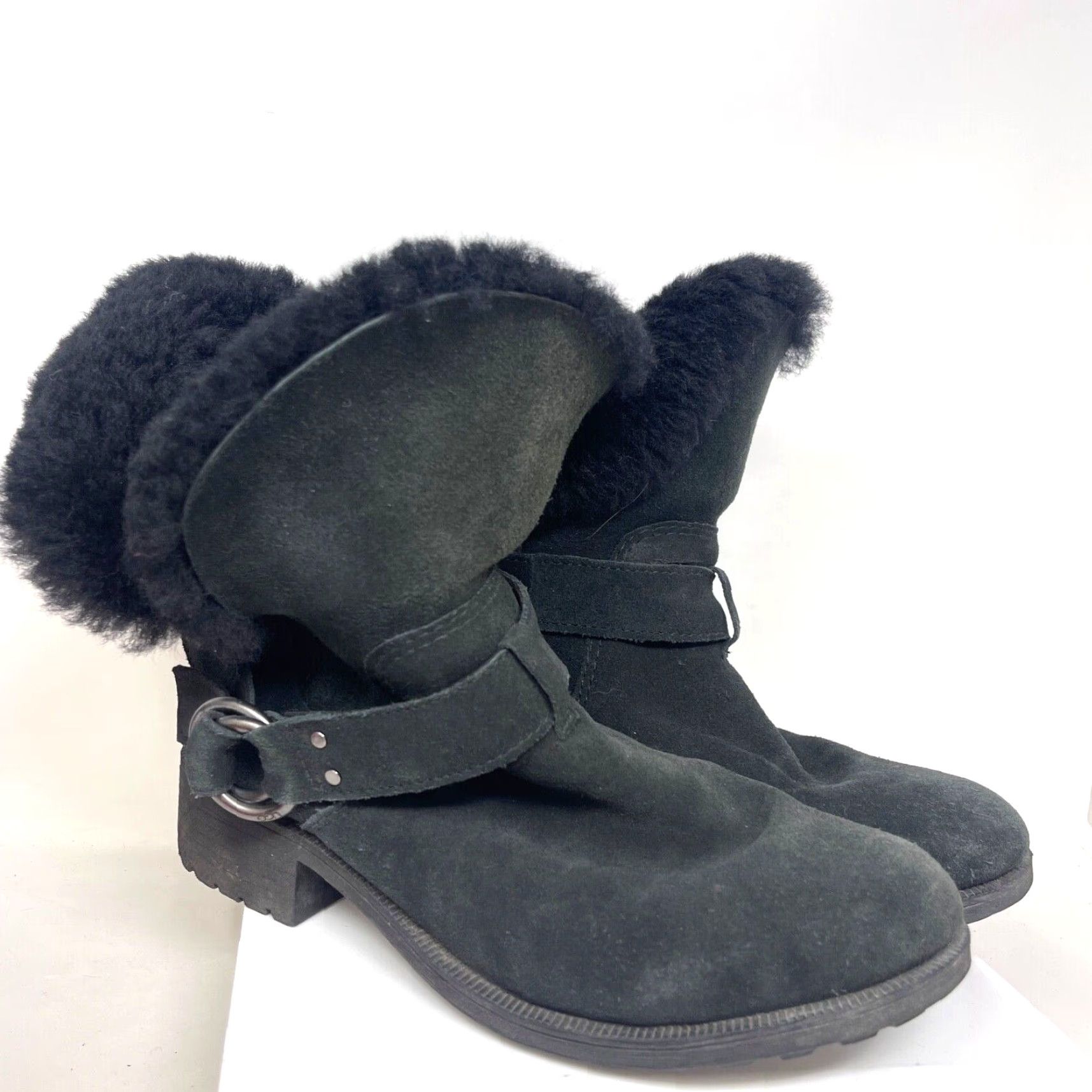 Ugg UGG Bodie Boots Women 8 Black Suede Sheepskin Lined Ankle Boot - Pull On - Buckle - Leather Shearling - Flat Heel - Motorcycle, 90s, Fall - Womens Size US 8 / IT 38 - 2 Thumbnail