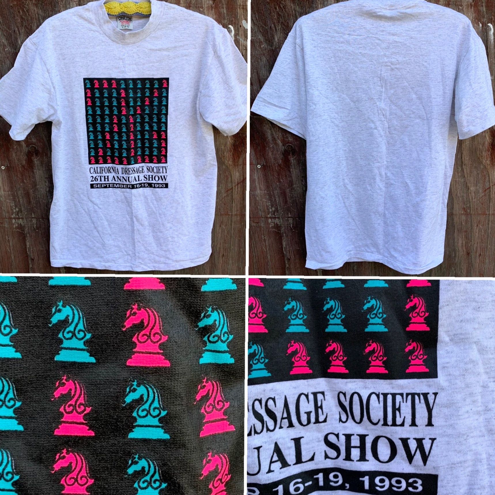 Vintage VINTAGE California Dressage Society 26th Annual Show 1993 t-shirt M Shirt Unisex Adults Gray Neon Graphic Print Horses Equestrian 1990s Mens Womens Size US M / EU 48-50 / 2 - 7 Thumbnail