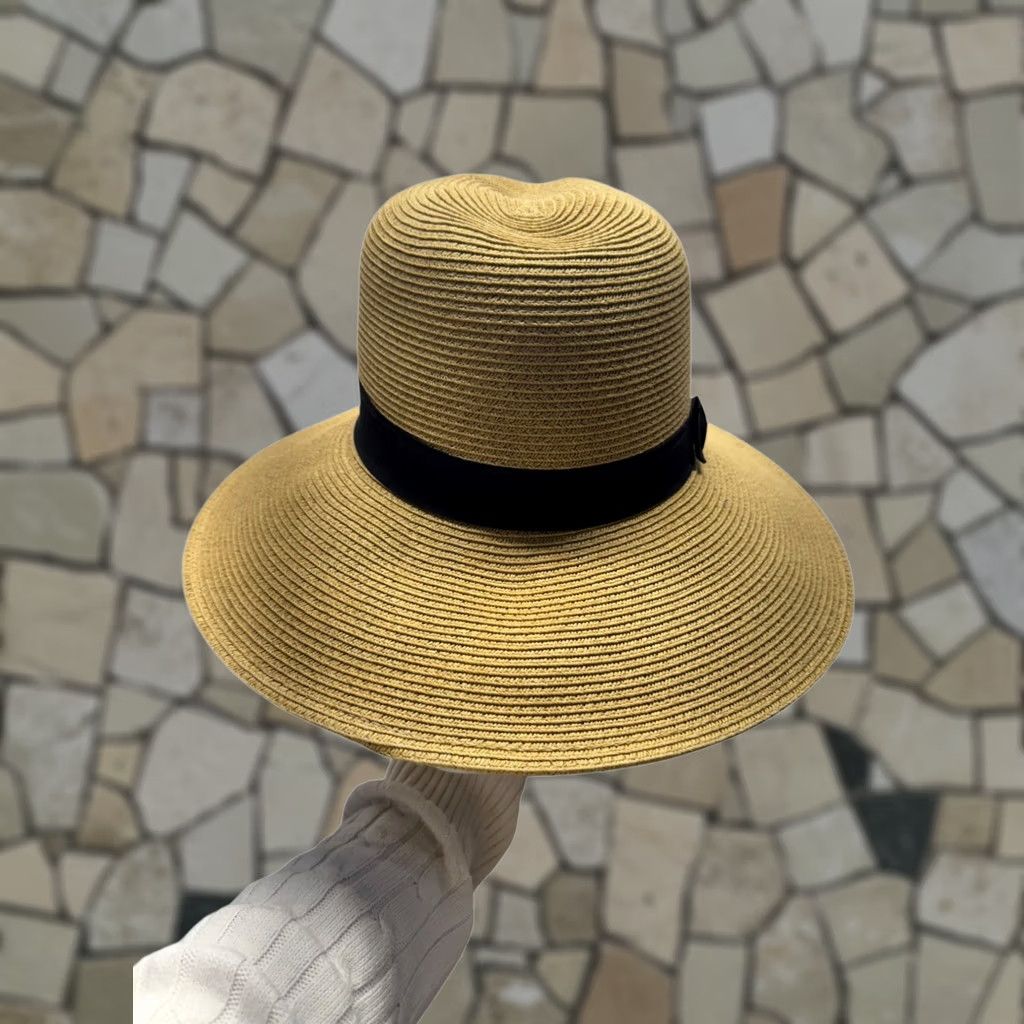 Vintage Cappelli Wide Brim Straw Hat Black Ribbon Bow Pineapple Accent Sun Hat Beach Summer Women's One Size Black Size ONE SIZE - 1 Thumbnail