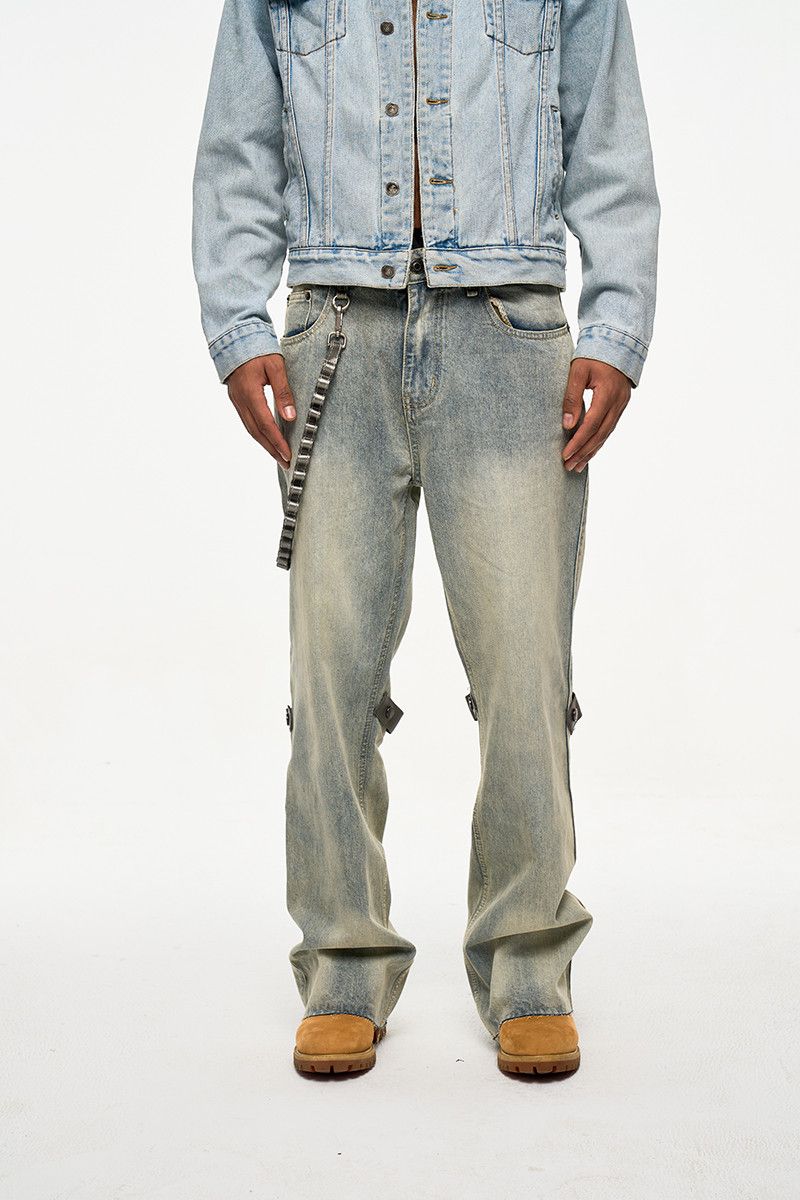 Leather × Vintage Raw Hem Rustic Burr Jeans Removable Leather Strap Size US 33 - 2 Thumbnail