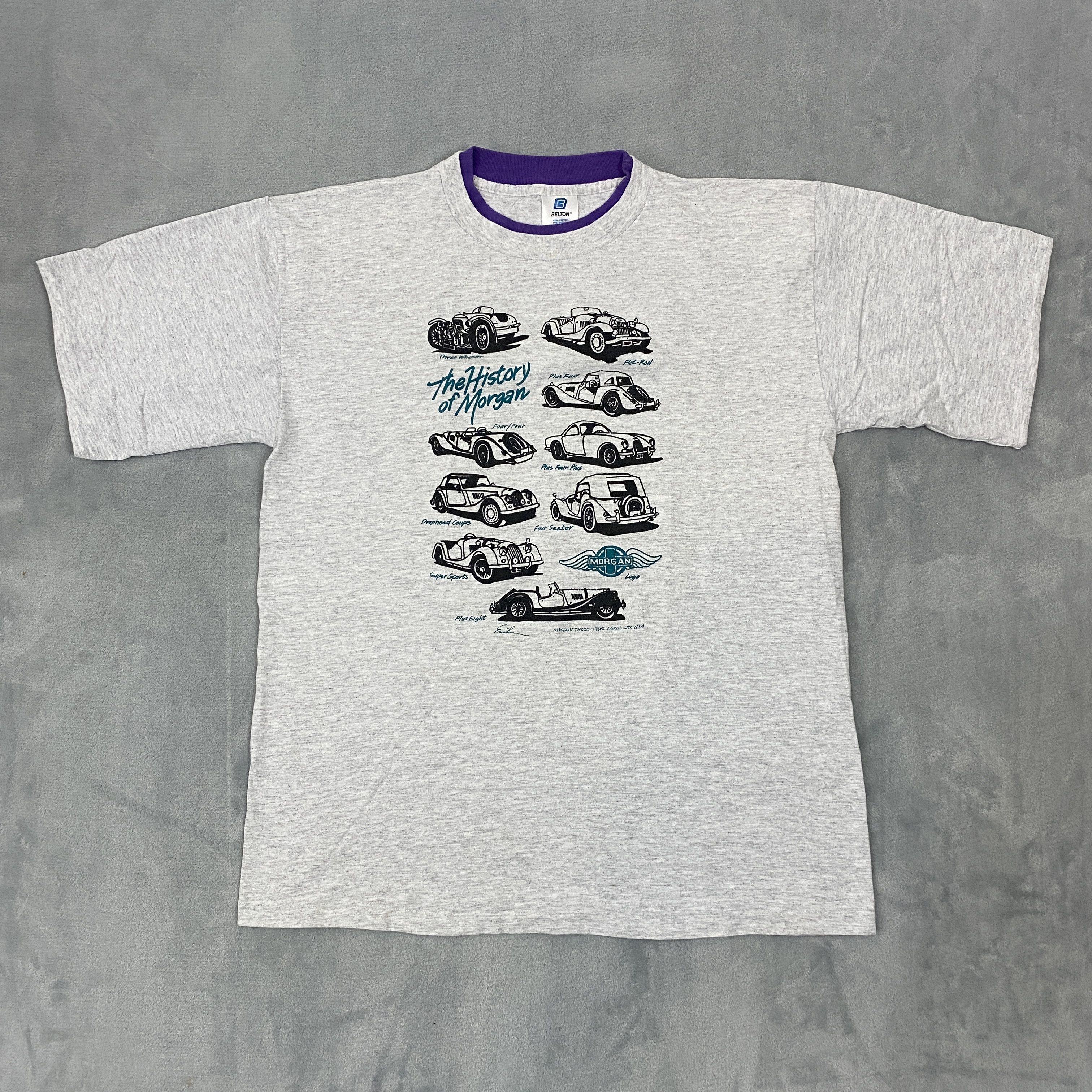 Vintage 80s Belton The HISTORY of MORGAN T Shirt Large Classic Cars Size US L / EU 52-54 / 3 - 1 Thumbnail