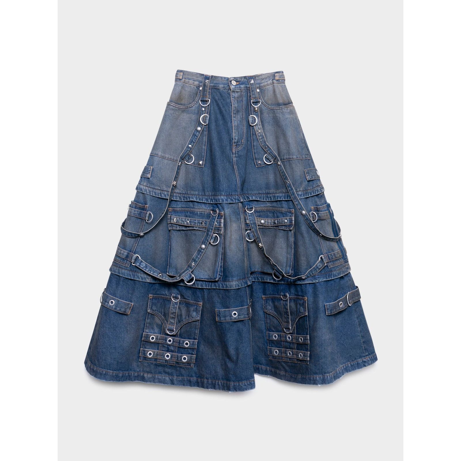 BALENCIAGA v waist denim skirt スカート Balenciaga Lace-Up Denim Midi Skirt - Bergdorf Goodman