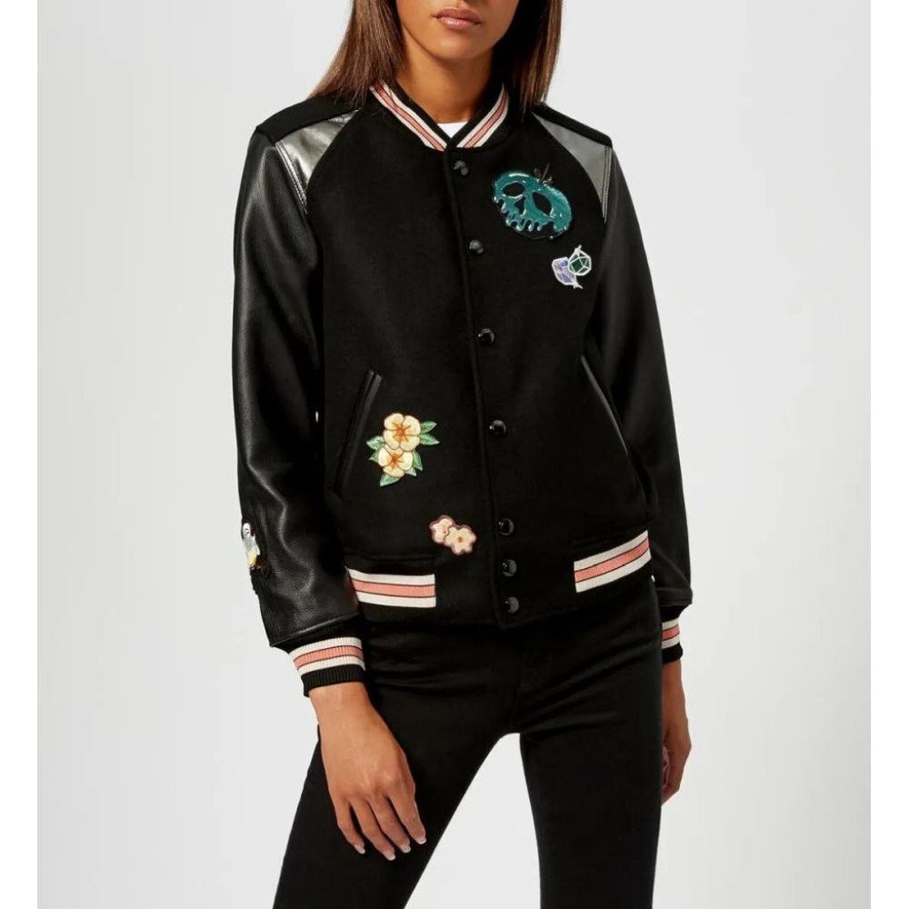 image of Coach Varsity Jacket Snow White Seven Dwarfs in Black, Women's (Size XS)