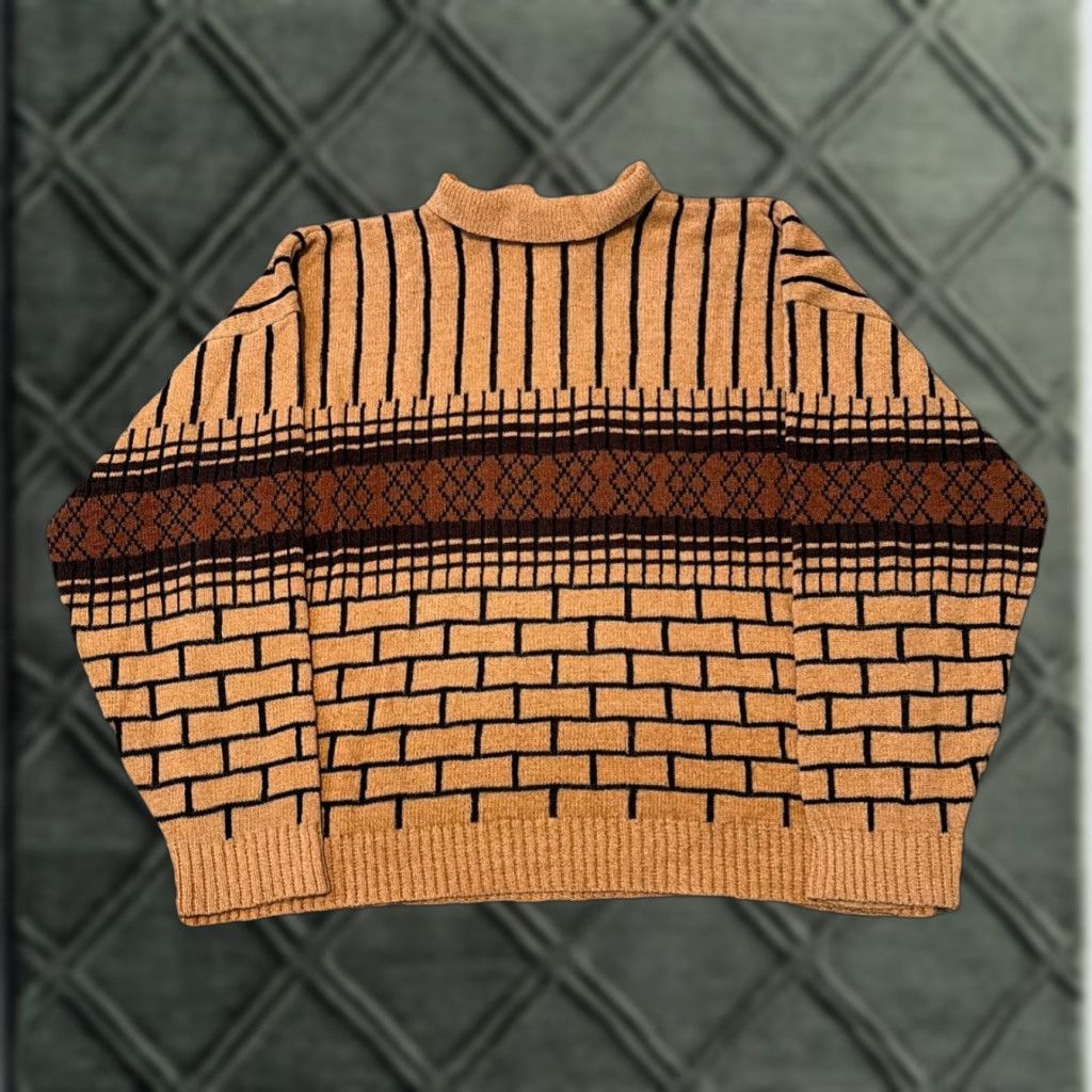 Blair VINTAGE 80s John Blair Brown Multi Pattern Cotton Knit Long Sleeve Polo XL Mens Sweater Size US XL / EU 56 / 4 - 1 Thumbnail
