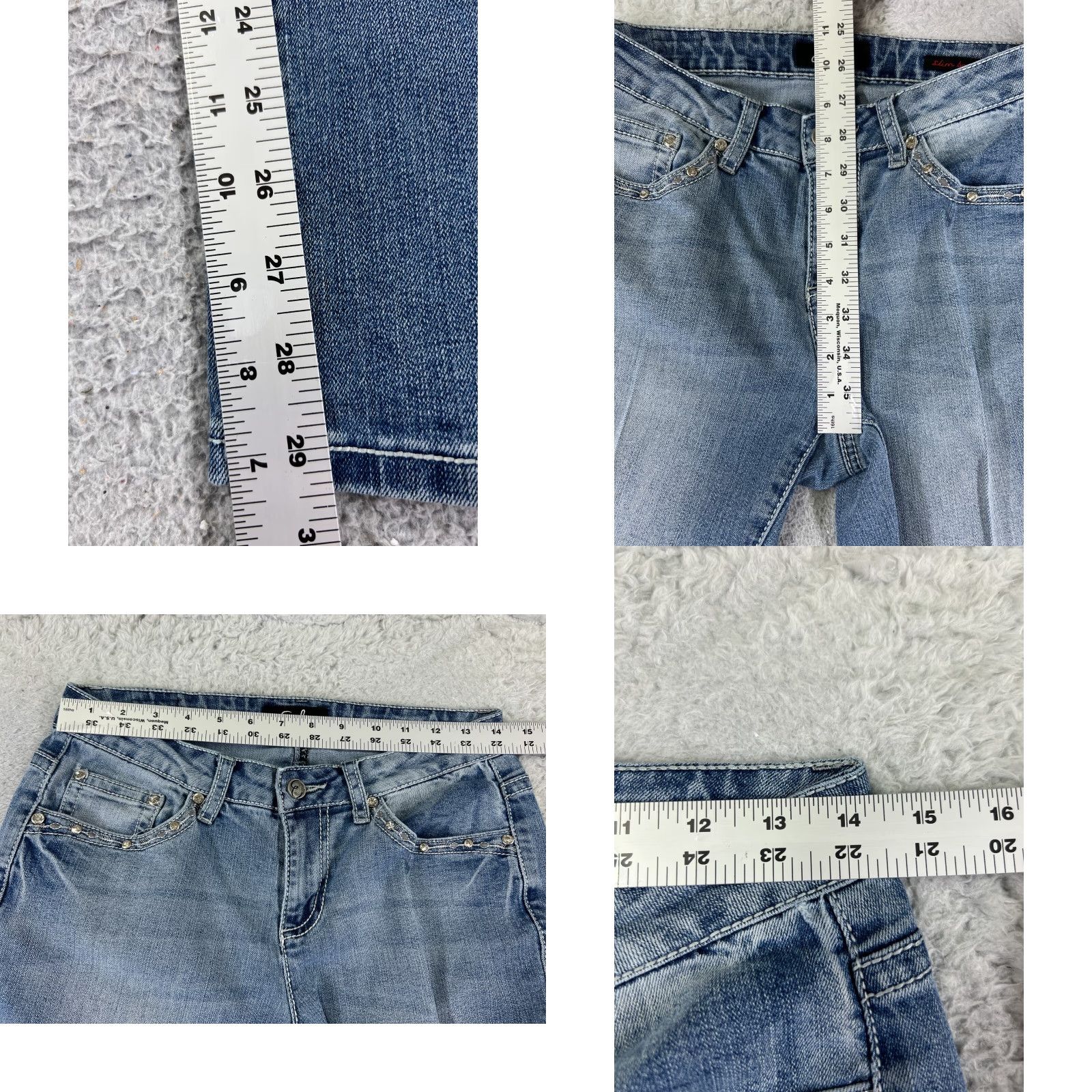 Vintage Earl Jean Jeans Women Blue Denim Slim Boot Mid 27x29 5-Pocket Embroidered Bling Belt Loop Zipper Hemmed Size 27" / US 4 / IT 40 - 8 Thumbnail