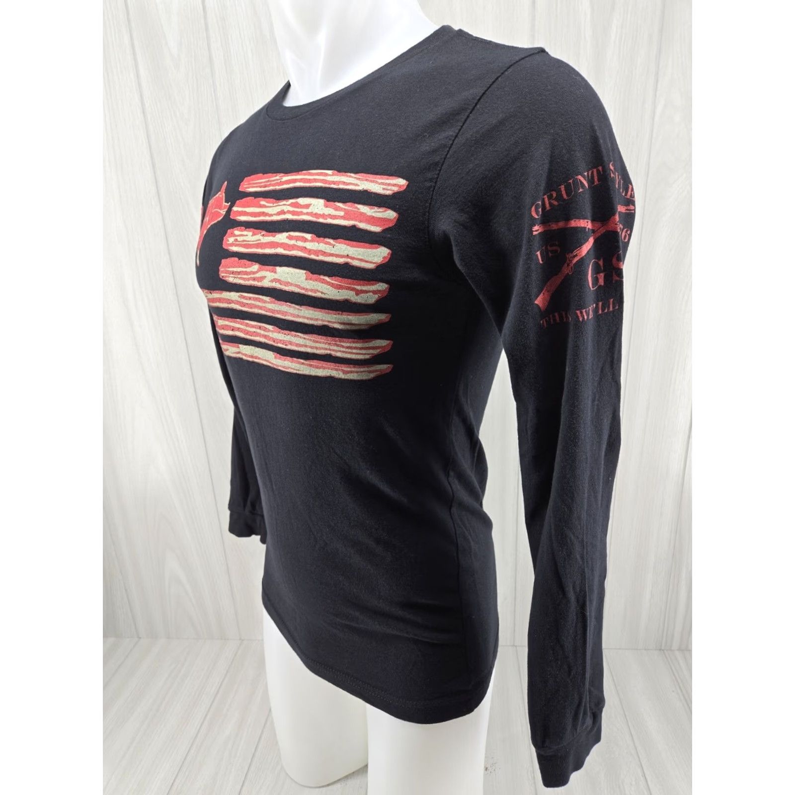 Vintage Grunt Style Long Sleeve Shirt Bacon Flag Small Unisex Adults Men’s S Black Cotton Graphic Print Crew Neck Logo 4-Season Flag Theme Size US S / EU 44-46 / 1 - 4 Thumbnail