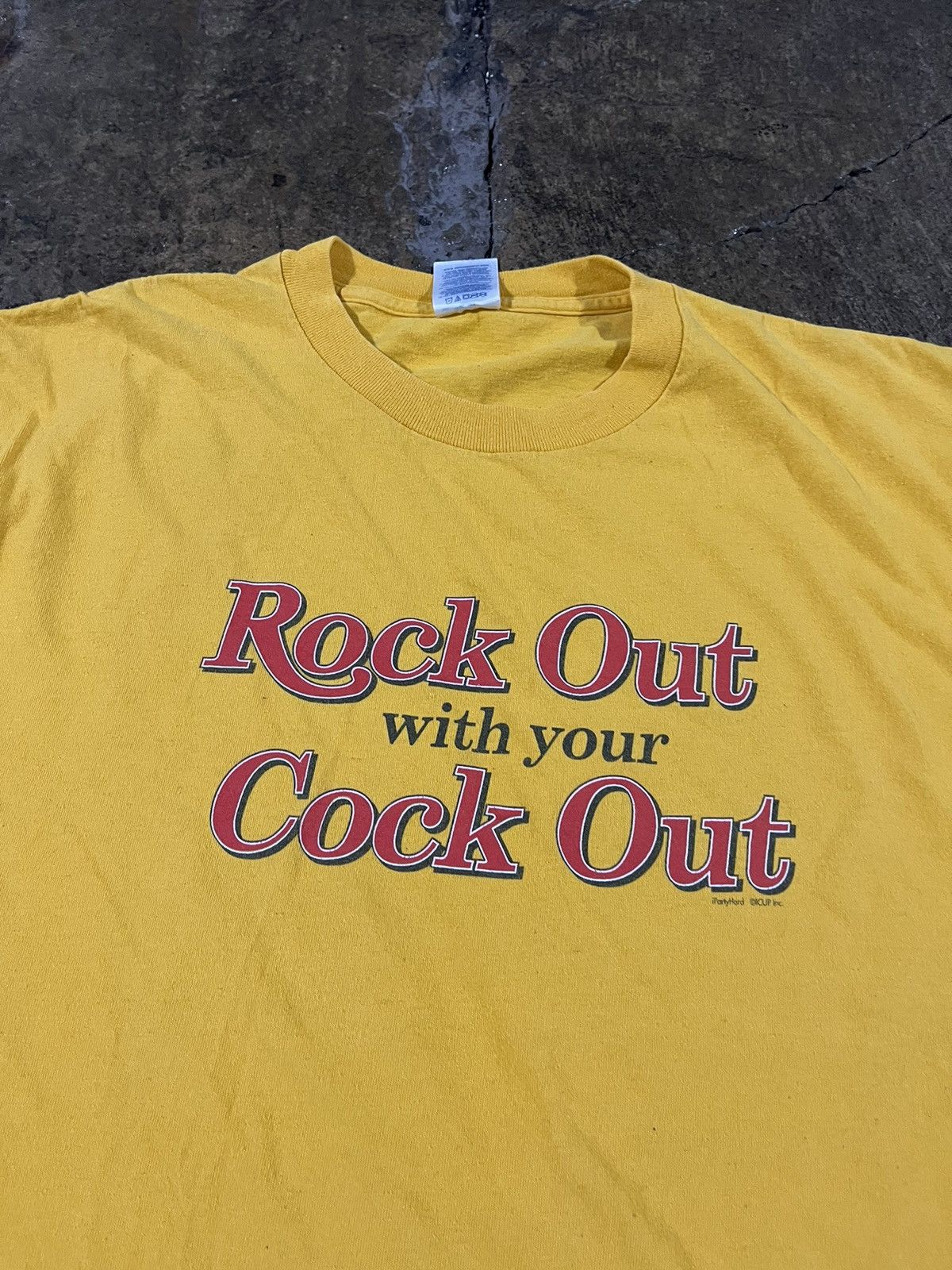 image of Crazy Vintage Rock Out With Your Cock Out Humor Pornstar Tee in Yellow, Men's (Size XL)