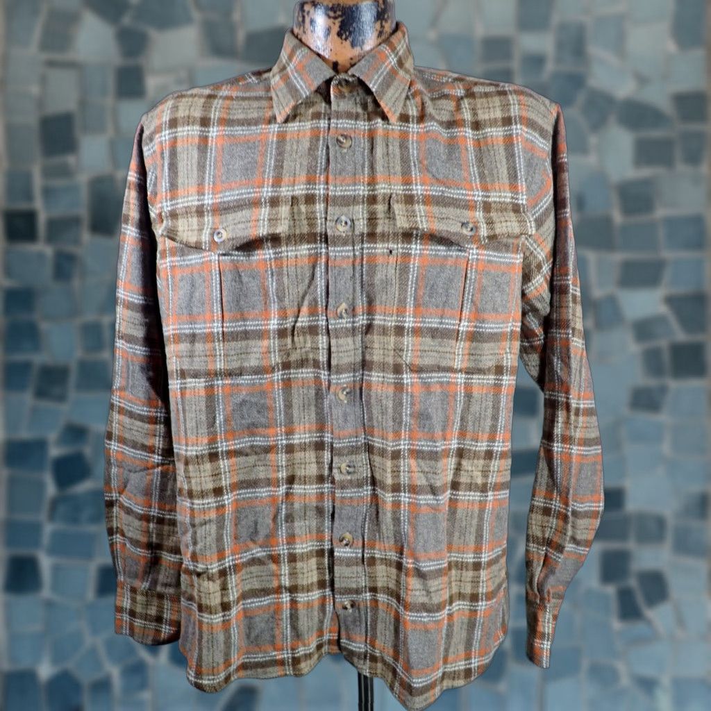 Vintage VINTAGE J. Peterman Adult Medium Wool Flannel Shirt Brown Gray Orange Plaid Button Down Long Sleeve Casual Mens Size US M / EU 48-50 / 2 - 1 Thumbnail