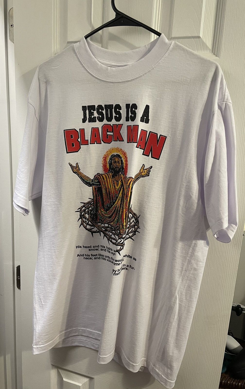 image of Condone Jesus Is A Black Man Tee (Brucedropemoff) in White, Men's (Size Large)