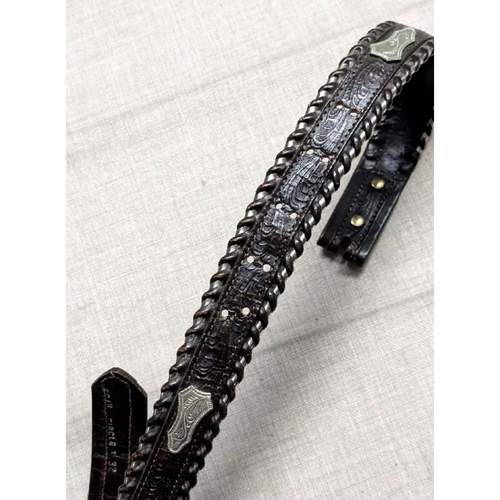 Vintage VINTAGE Circle Y western Belt 30 belt brown cowhide leather nickel silver concho laced Men's Western Belt 30 Brown Conchos Laced 90s Size 30 - 3 Thumbnail