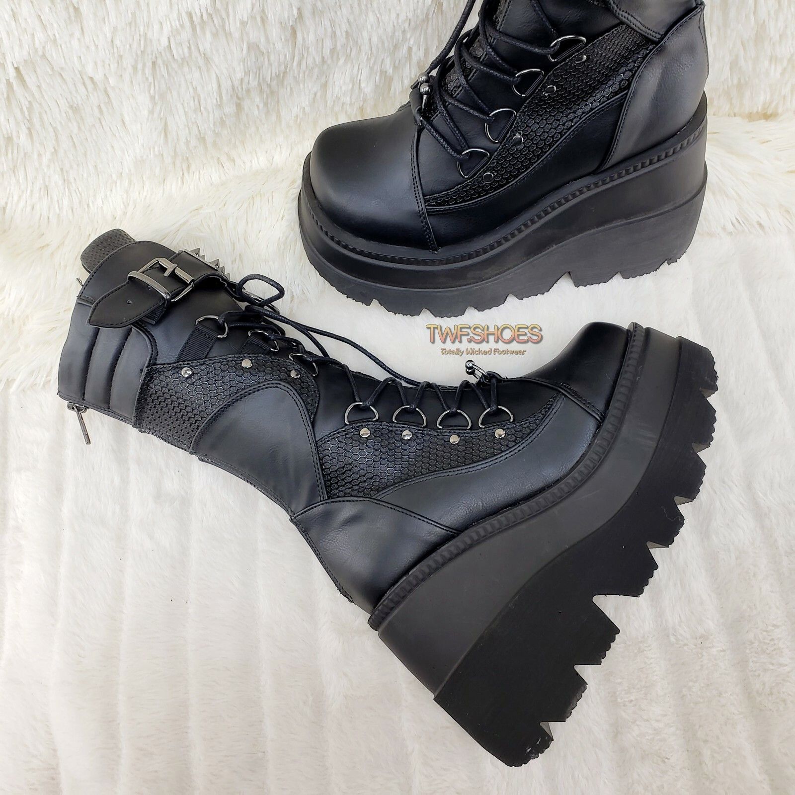 Demonia Cult DEMONIA Shaker 70 Black Platform 4.5" Wedge Mid Calf Goth Pu Size US 12 / IT 42 - 5 Thumbnail