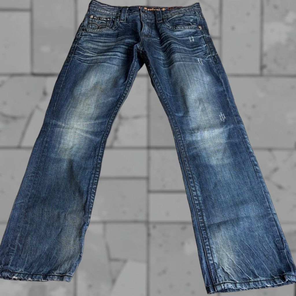Rock Revival Jeans Mens 38 x 32 Blue Distressed 100% Cotton Jax Denim 5-Pocket Straight Inseam 32.0