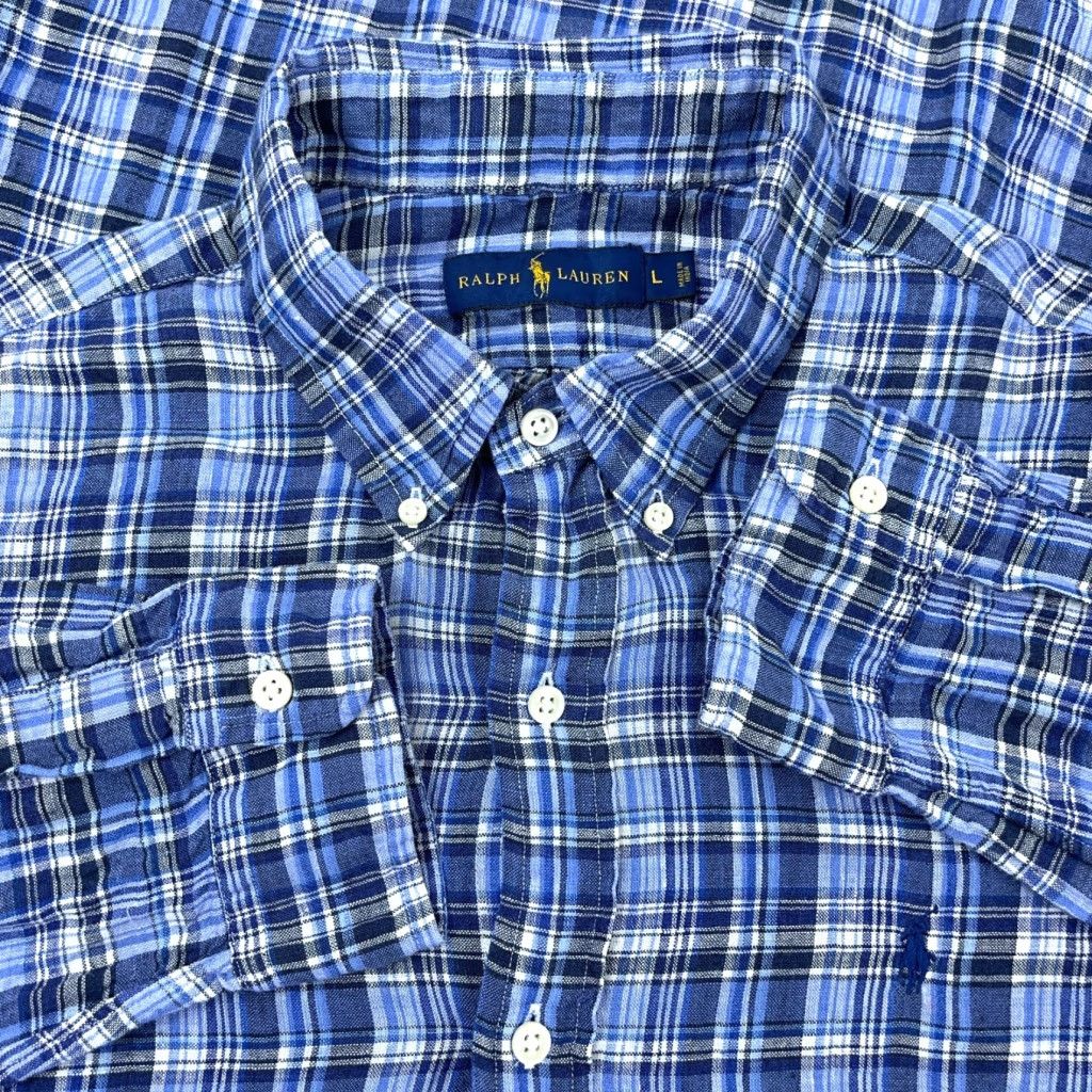 Ralph Lauren Ralph Lauren Linen Shirt Men Large Blue Plaid Button-Up Casual Adult Shirt Size US L / EU 52-54 / 3 - 1 Thumbnail