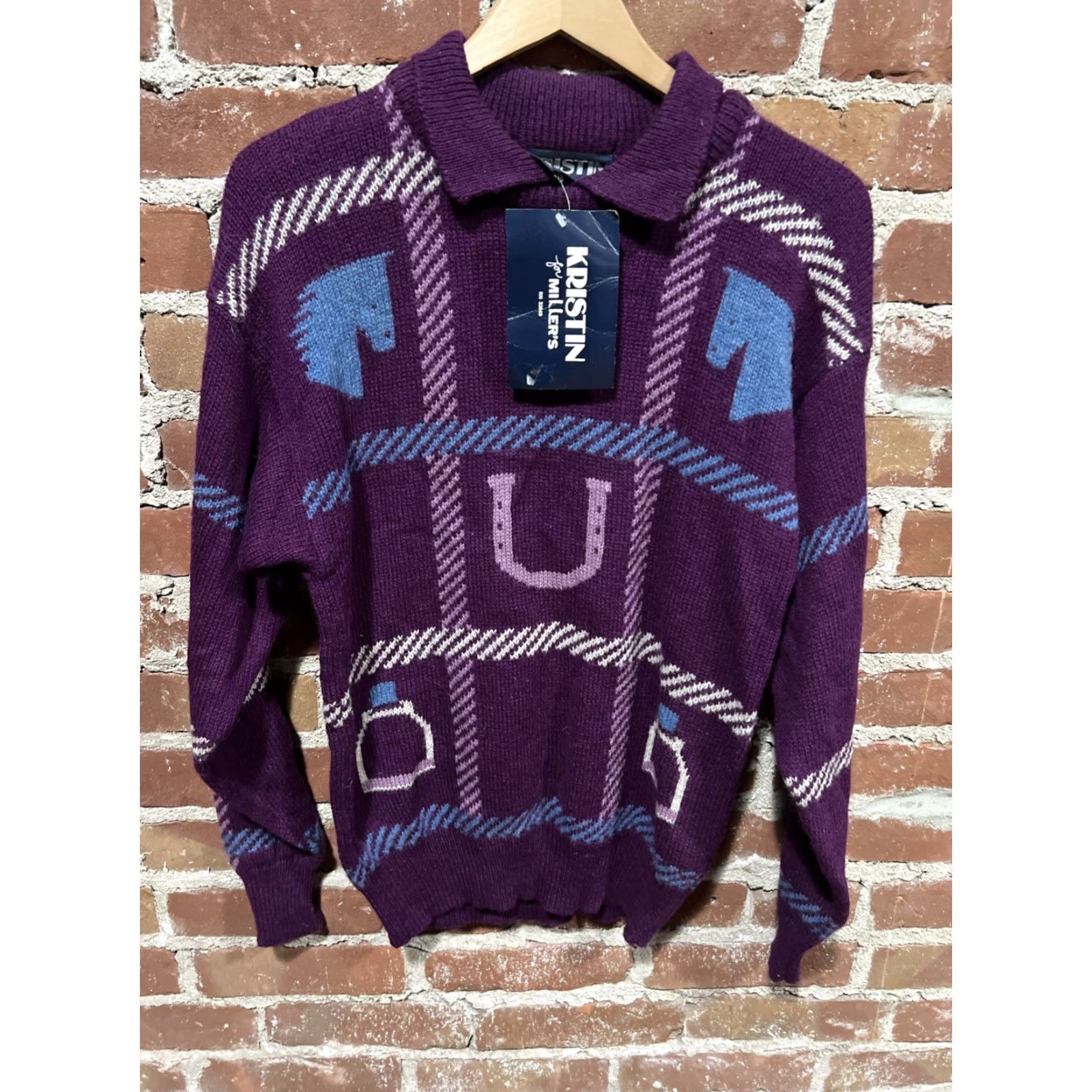 Vintage VINTAGE Miller 100% Wool Oversized Sweater Women Knit Mock Neck Long Sleeve Purple Horses Animal Print M Size M / US 6-8 / IT 42-44 - 2 Thumbnail