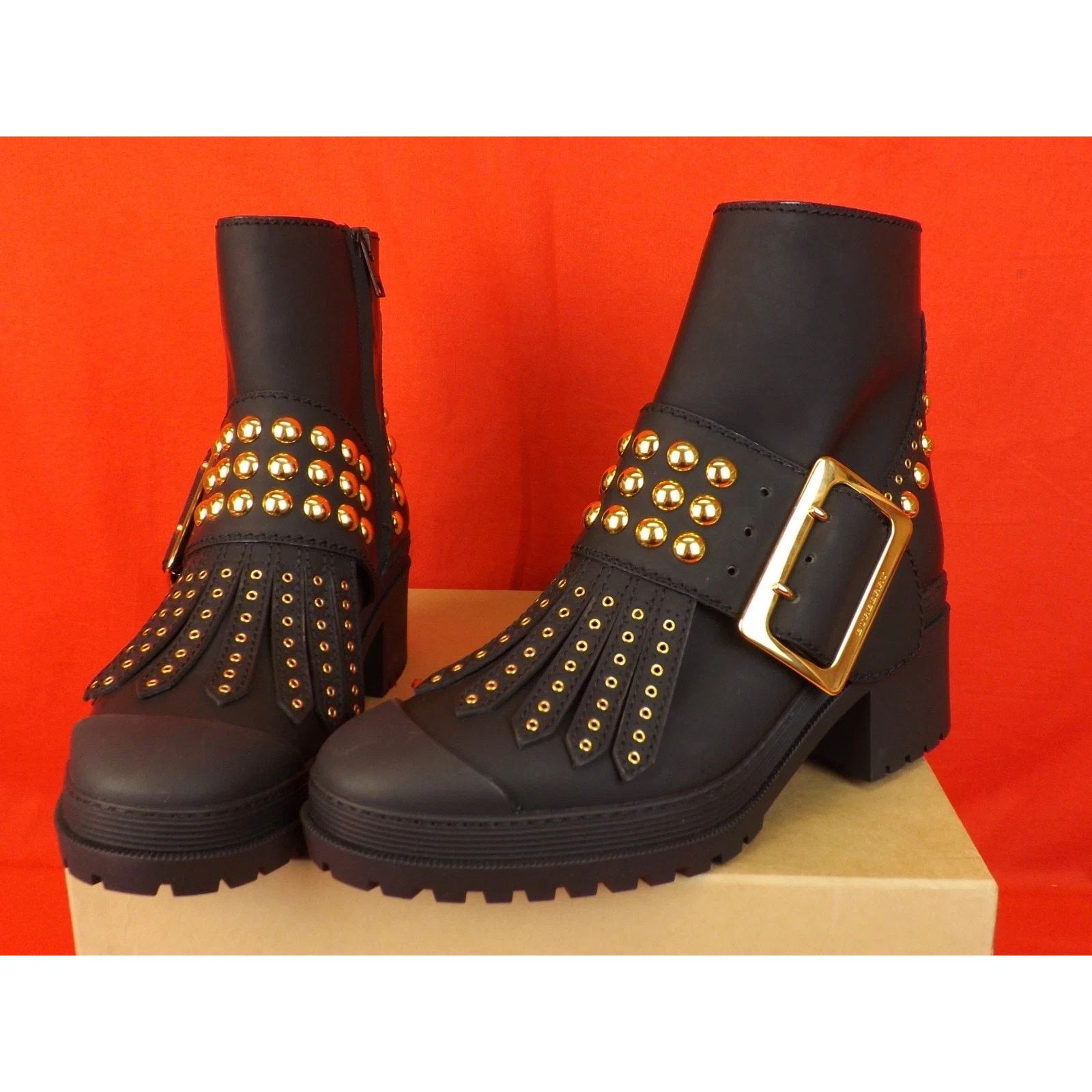 Burberry BURBERRY WHITCHES BLACK LEATHER BIKER FRINGE BELTED BOOTS 35 Size US 5 / IT 35 - 2 Thumbnail