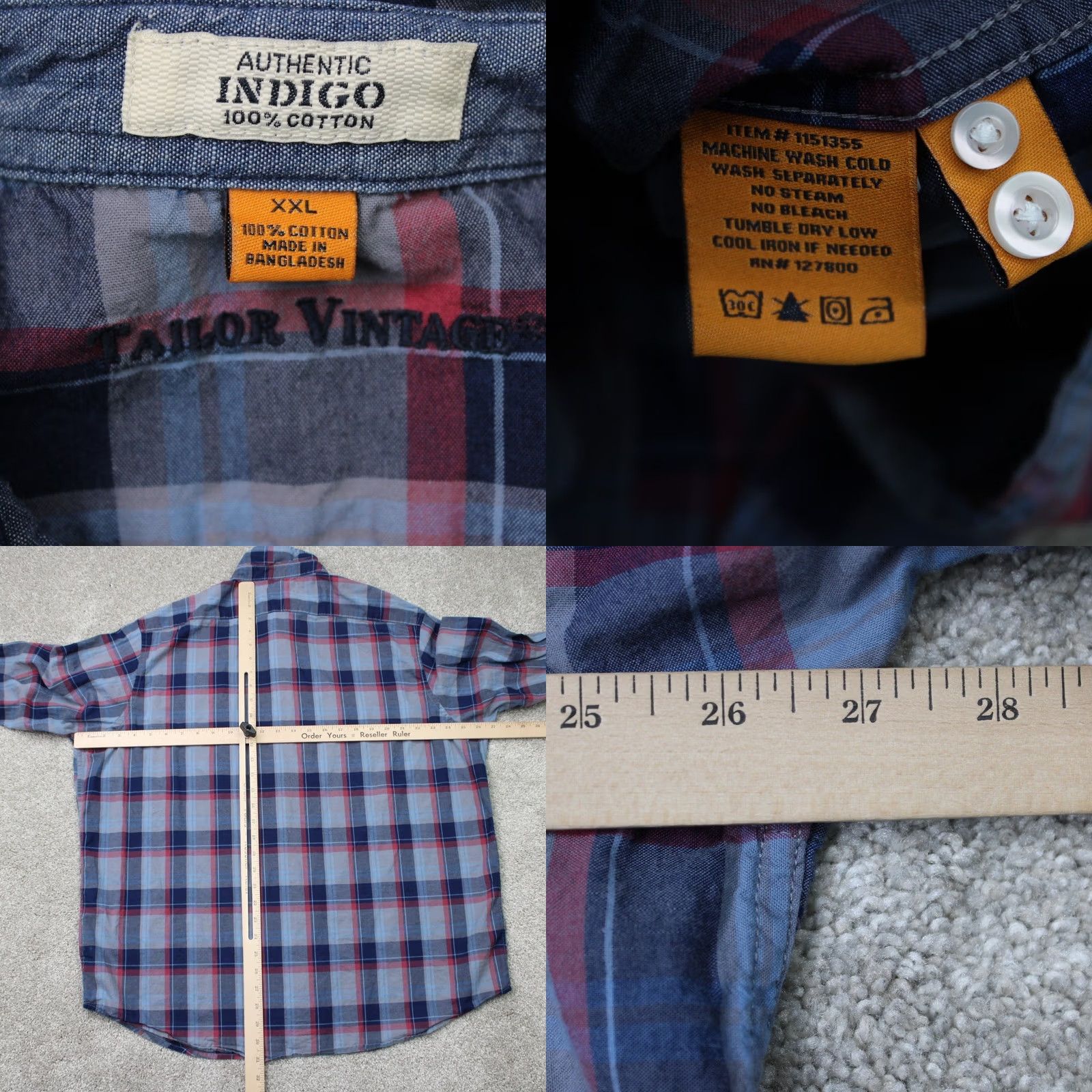 Vintage Tailor Vintage Button-Up Shirt Mens 2XL Blue Plaid Cotton Long Sleeve Modern Regular Fit Size US XXL / EU 58 / 5 - 8 Thumbnail